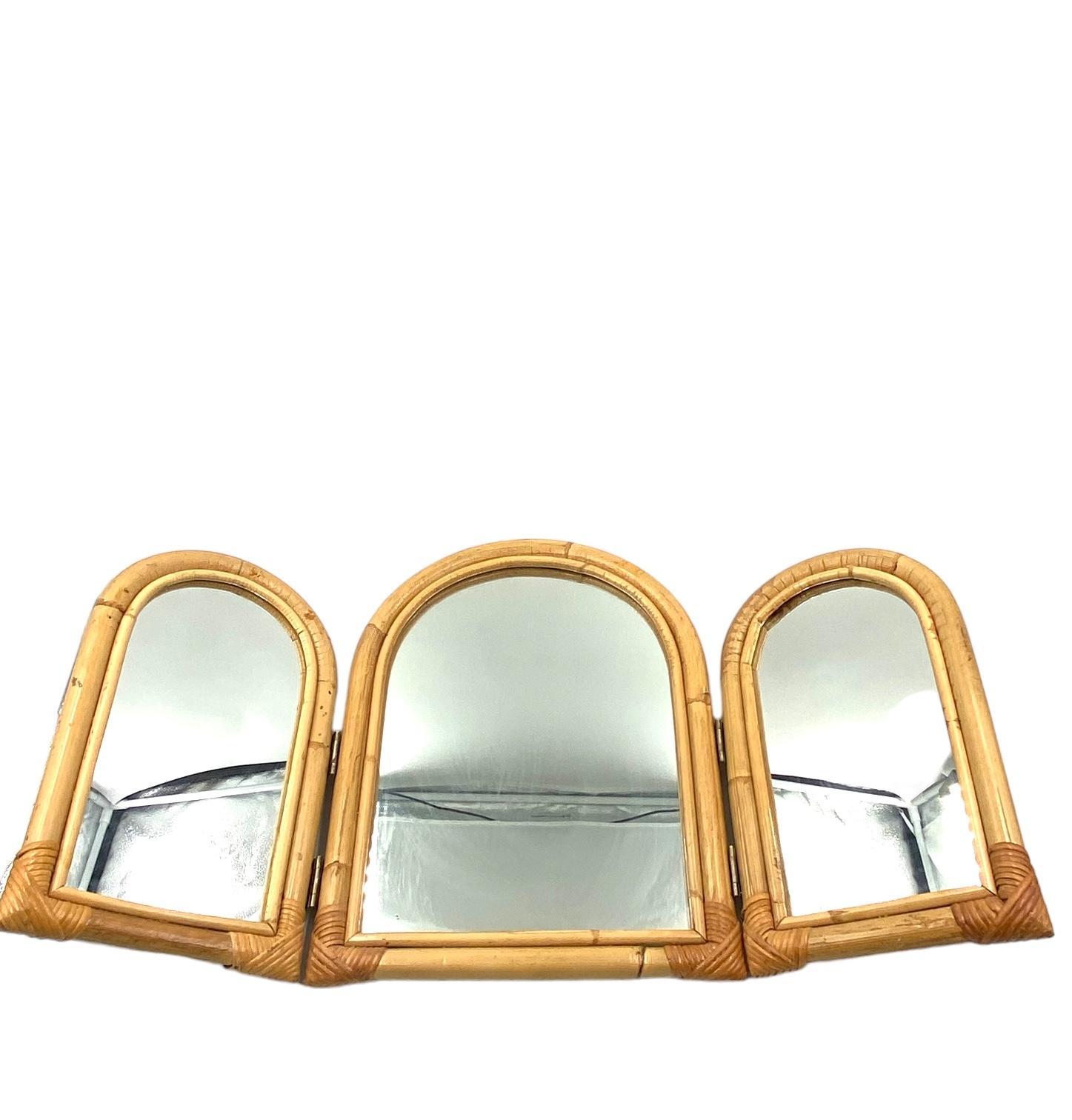 Hollywood Regency Bamboo three flaps table mirror / vanity, Italy 1960s For Sale