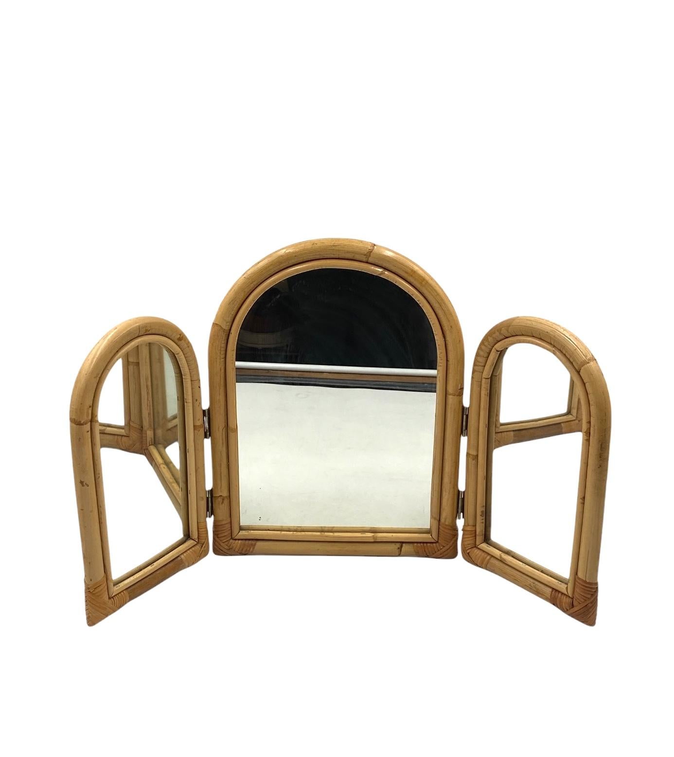 Italian Bamboo three flaps table mirror / vanity, Italy 1960s For Sale
