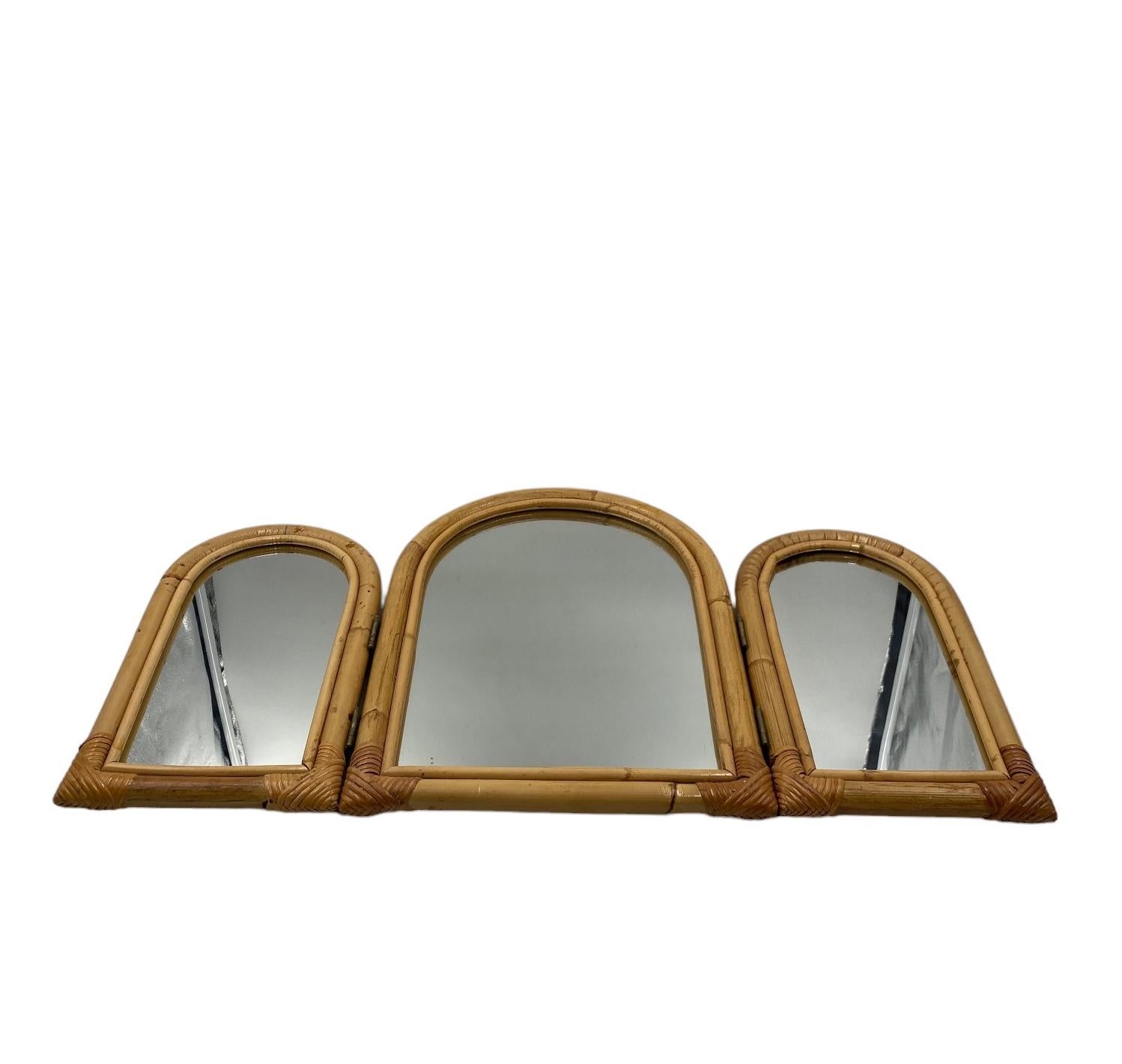 Bamboo three flaps table mirror / vanity, Italy 1960s For Sale 1