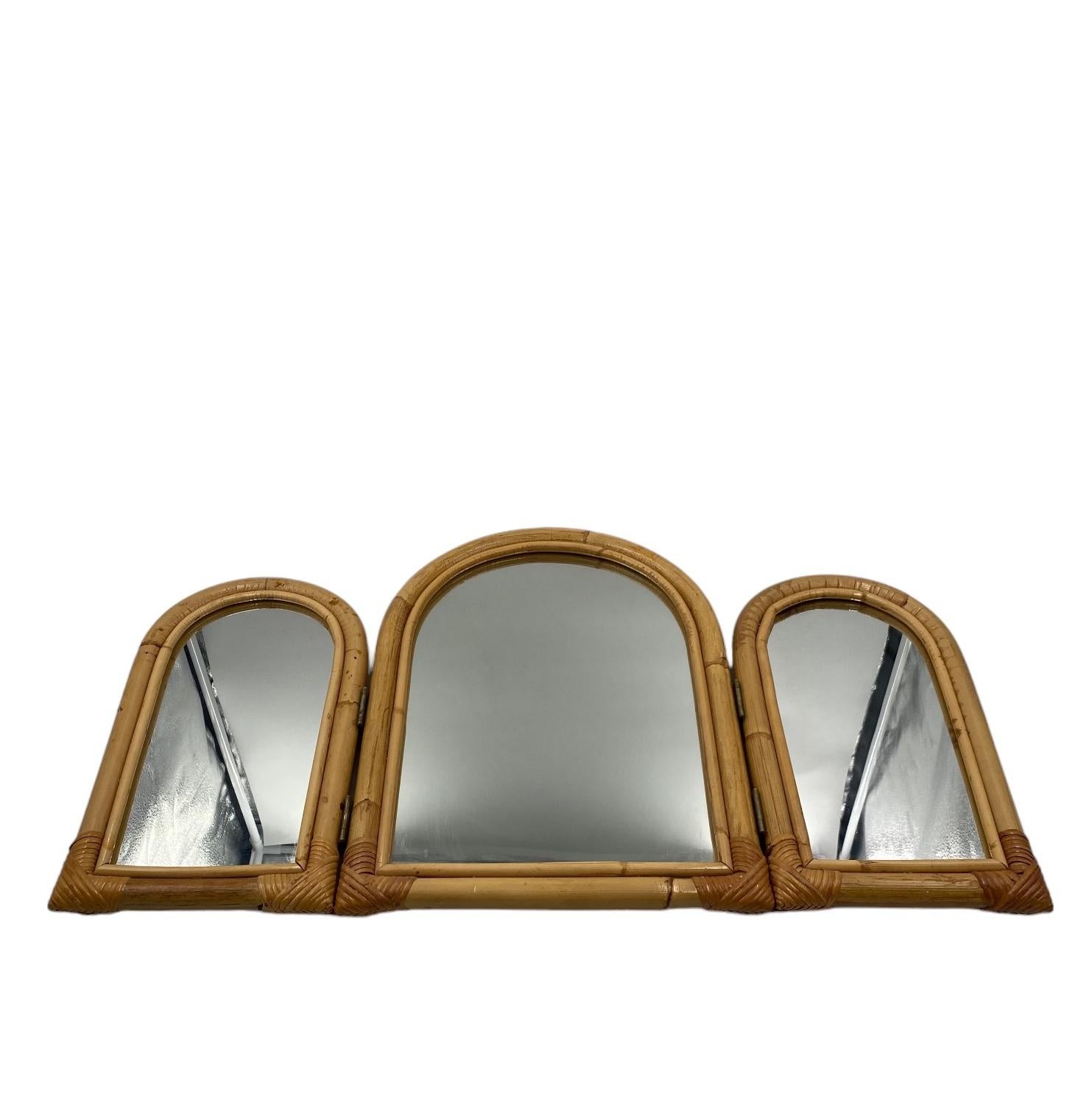 Bamboo three flaps table mirror / vanity, Italy 1960s For Sale 2