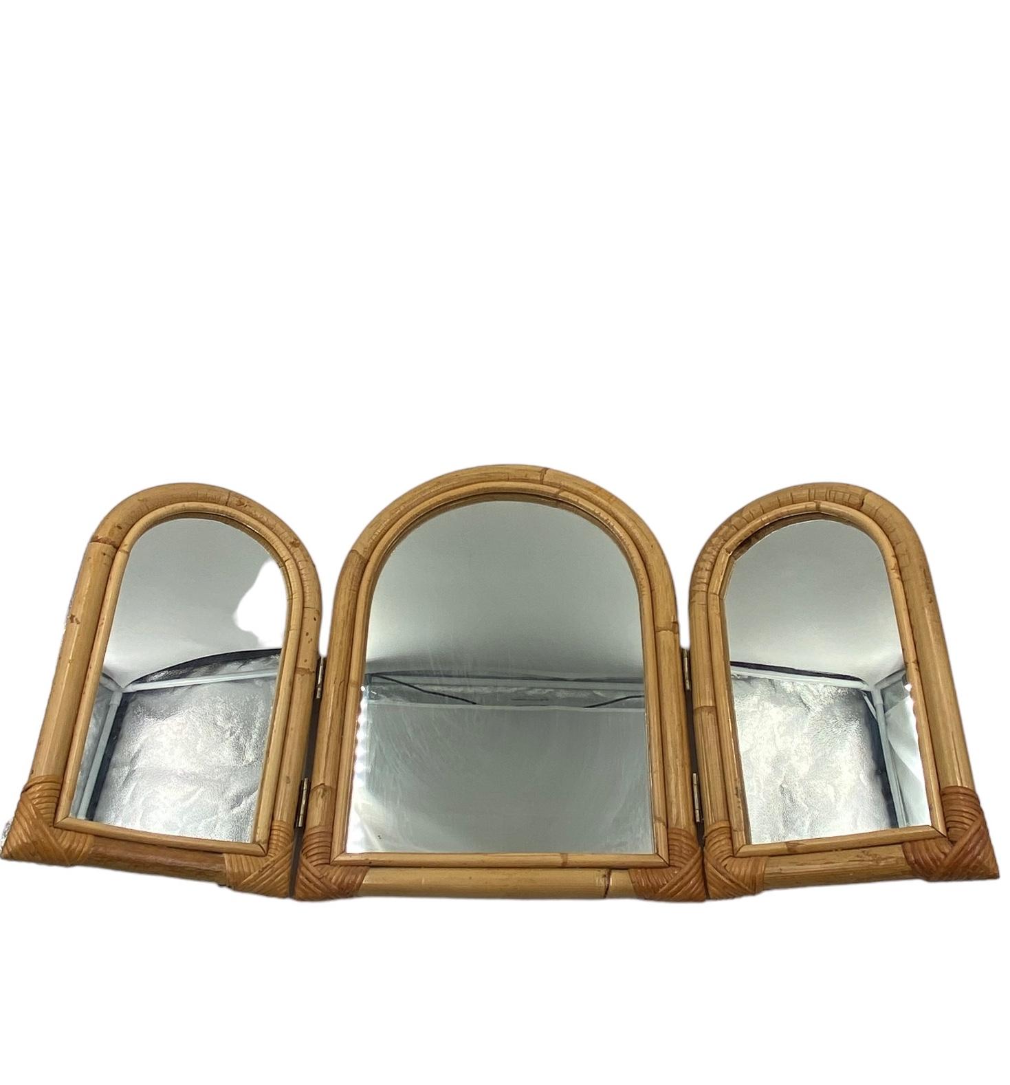 Bamboo three flaps table mirror / vanity, Italy 1960s For Sale 3