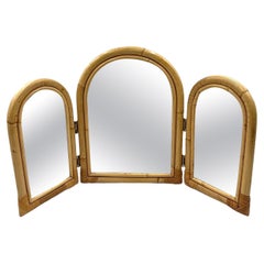 Bamboo three flaps table mirror / vanity, Italy 1960s