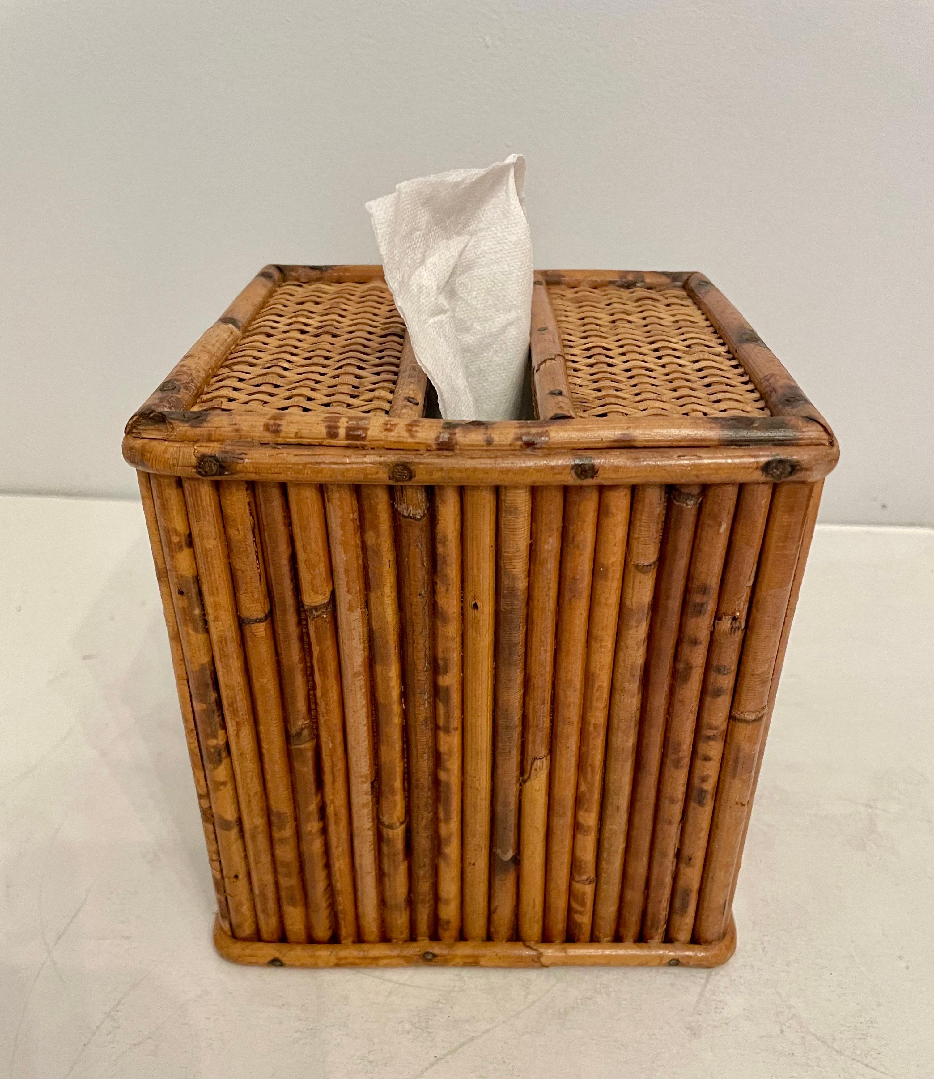 Bamboo pencil reed tissue box cover or holder, circa 1960s-1970s. Made in Hong Kong.  Good overall condition. Holds a standard square tissue box