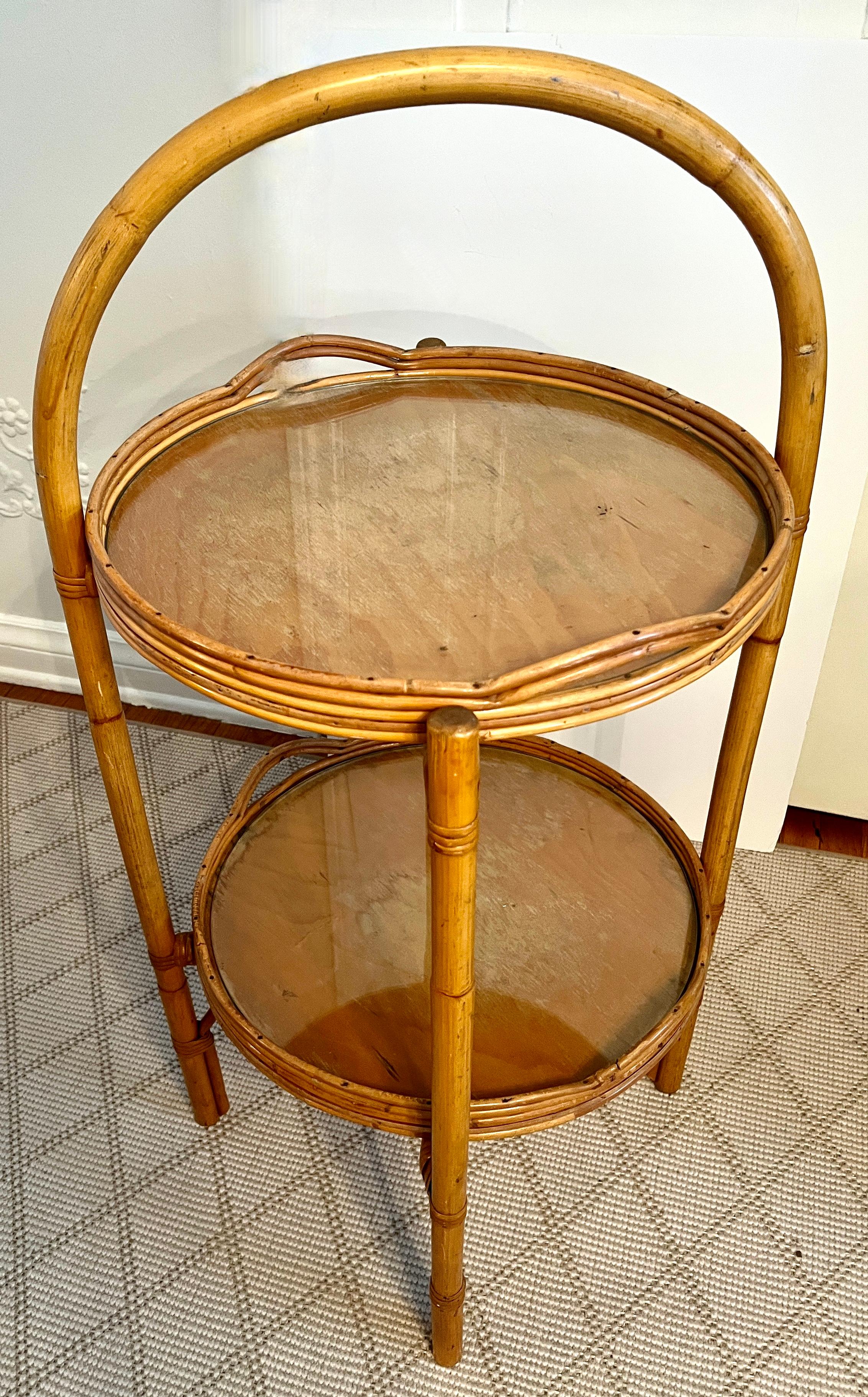Mid-Century Modern Bamboo Tray Table with Two Removable Trays and Folding Stand For Sale