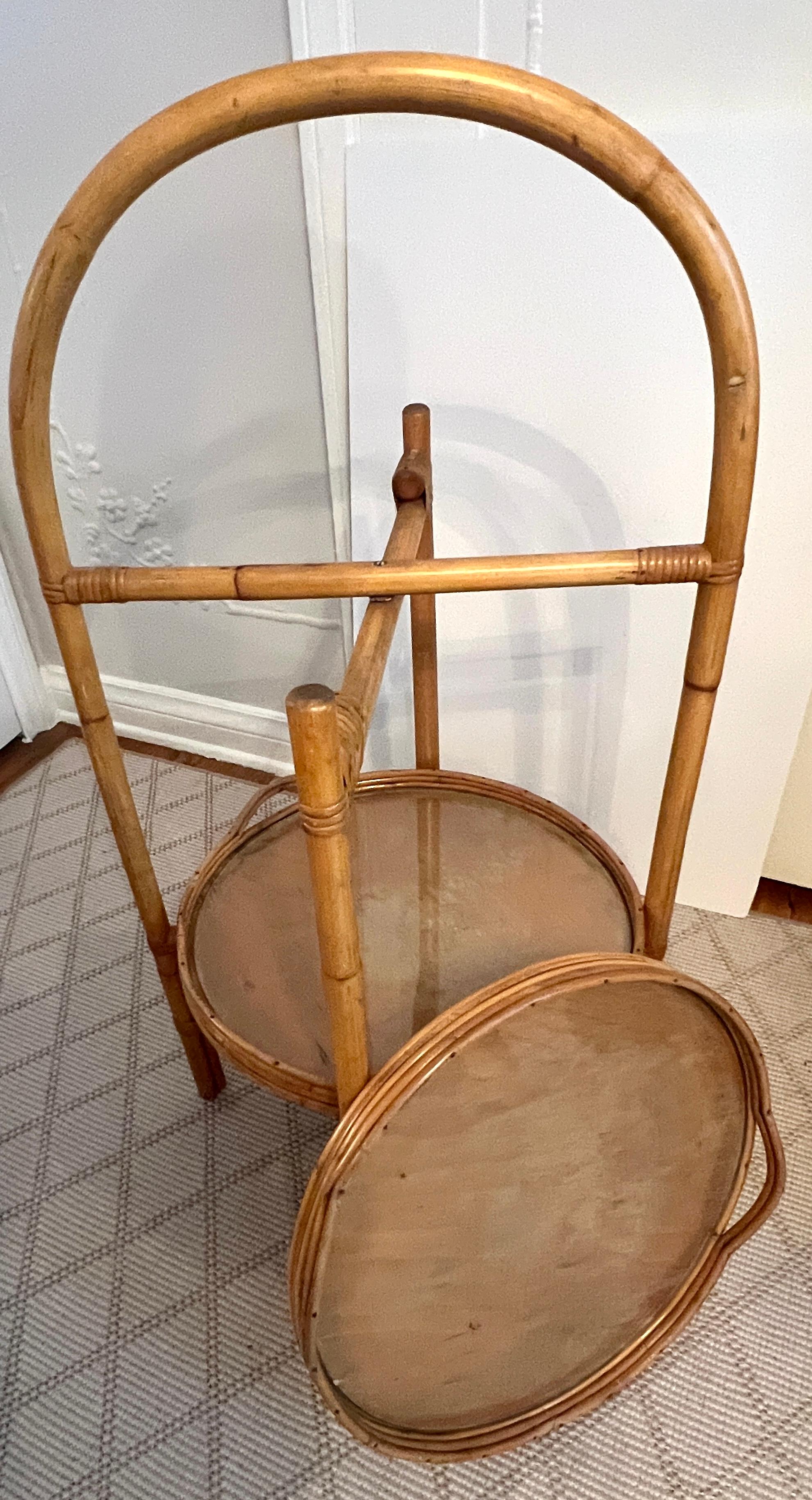 Asian Bamboo Tray Table with Two Removable Trays and Folding Stand For Sale