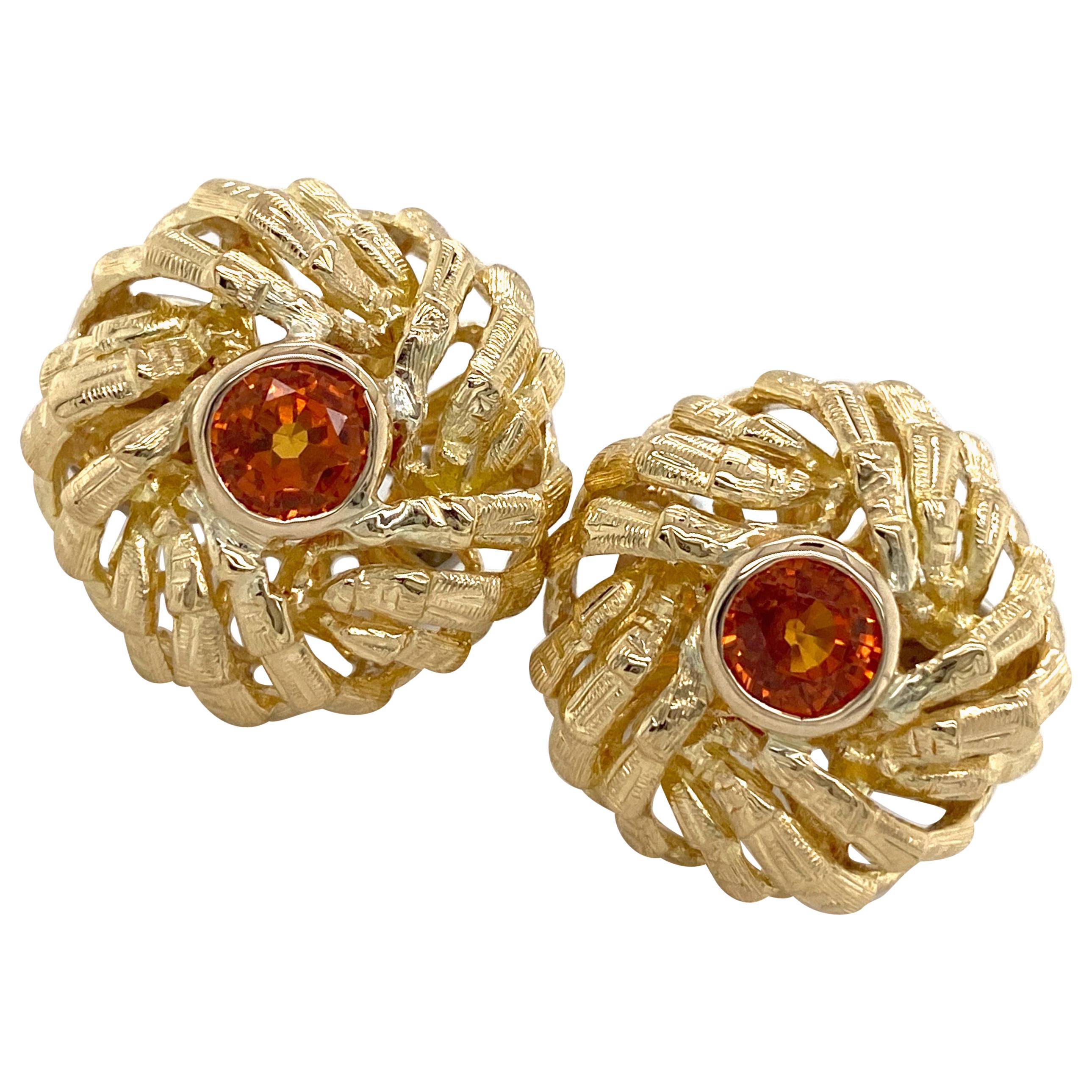 Circa 1960s "Bamboo" Orange Sapphire Turban Leverback Earrings in 18 Karat Gold For Sale