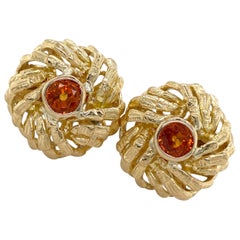 Vintage Circa 1960s "Bamboo" Orange Sapphire Turban Leverback Earrings in 18 Karat Gold
