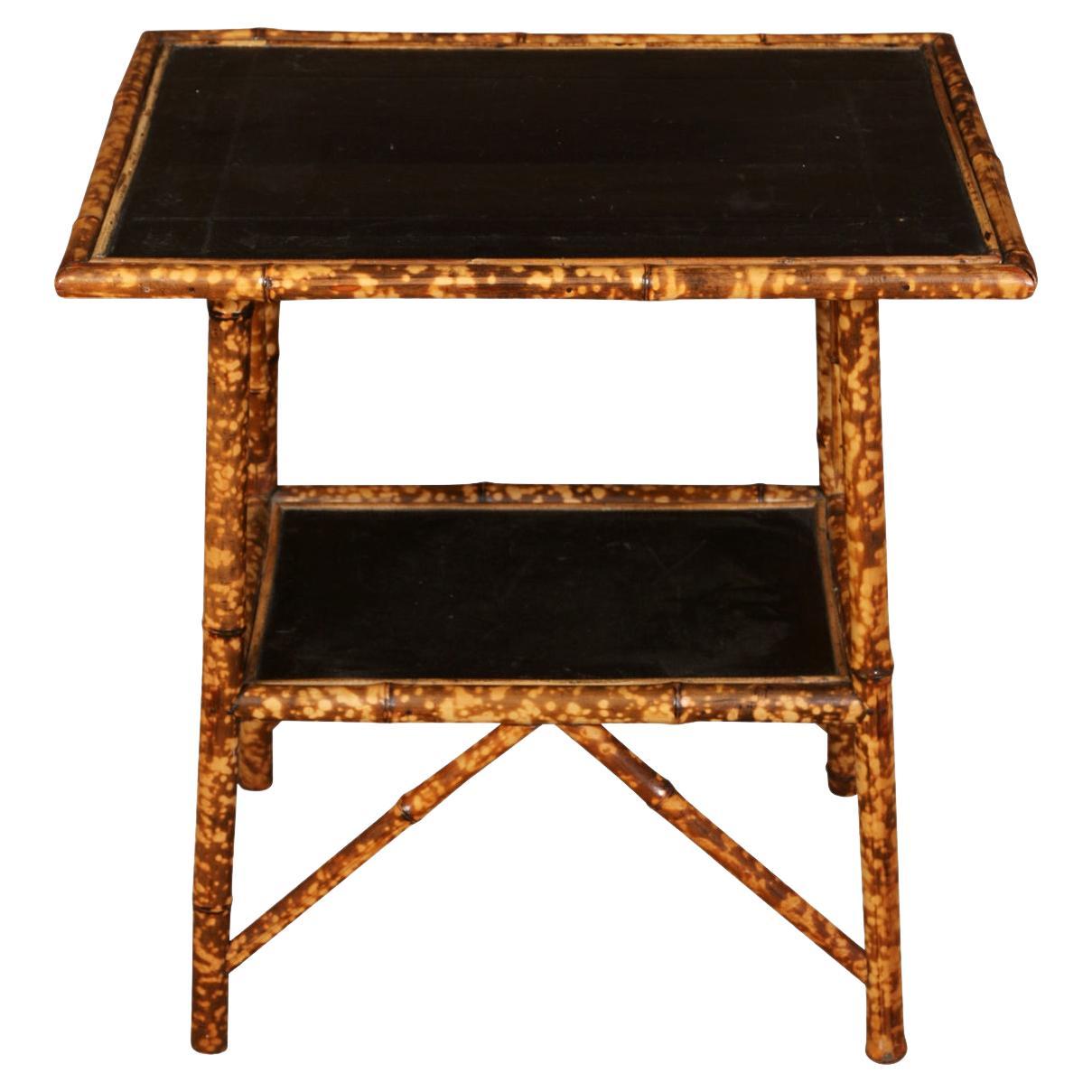 Bamboo Two Tiered Table with Black Leather Top Shelf For Sale