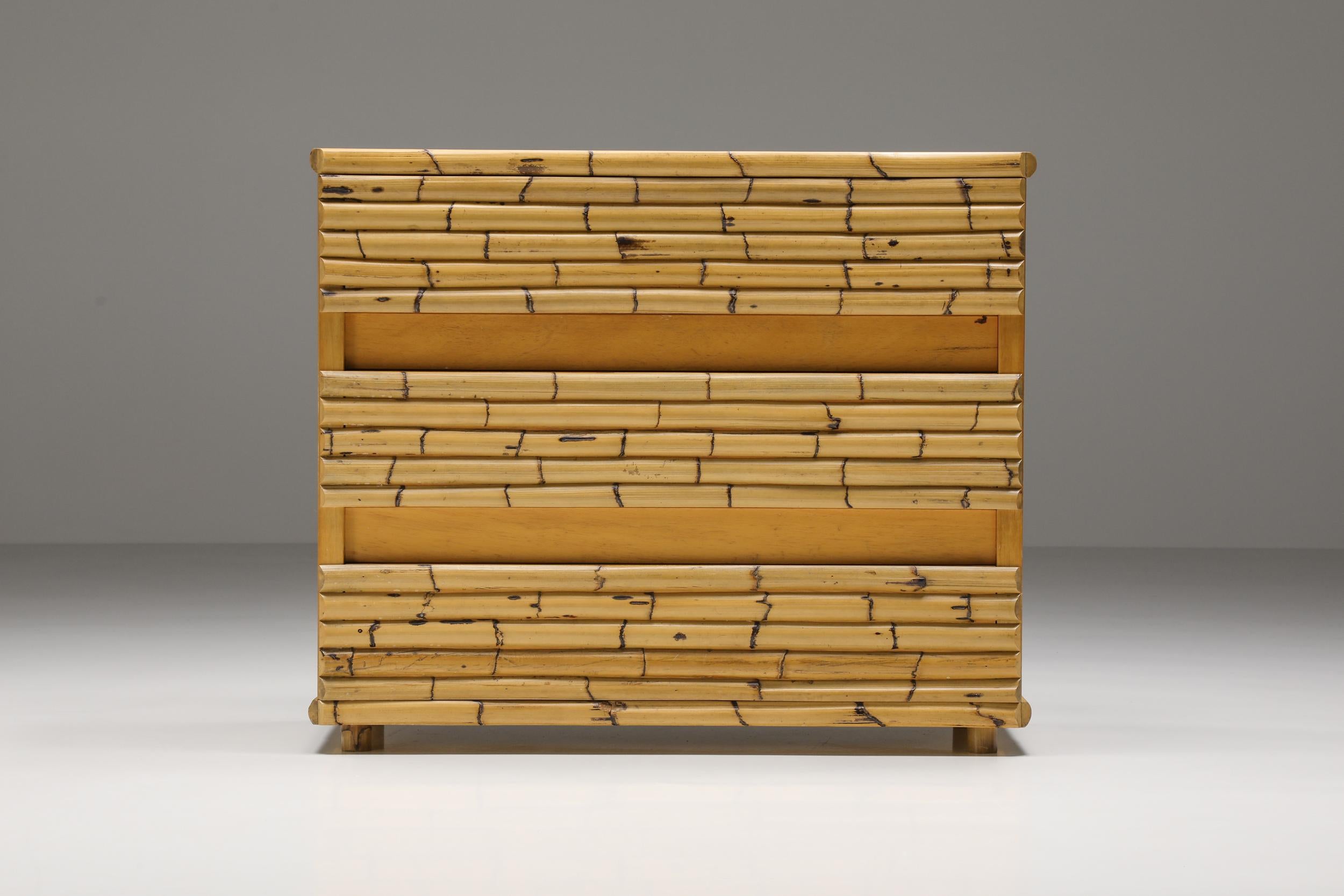 Tropical modern bamboo chest of drawers designed by Italian architect Venturini from Florence. The high-quality piece is made out of 3 larger drawers and finished with Bamboo. Would work well in a Gabriella Crespi-inspired tropical Hollywood Regency