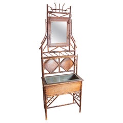 Bamboo Wall Hanger with Mirror and Metal Plant Container