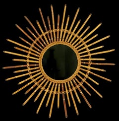 Bamboo Wall Mirror by Louis Sognot, Brass & Rattan, Mid-Century"