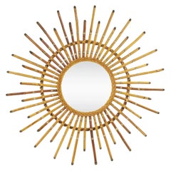 Bamboo Wall Mirror by Louis Sognot, Brass & Rattan, Mid-Century"