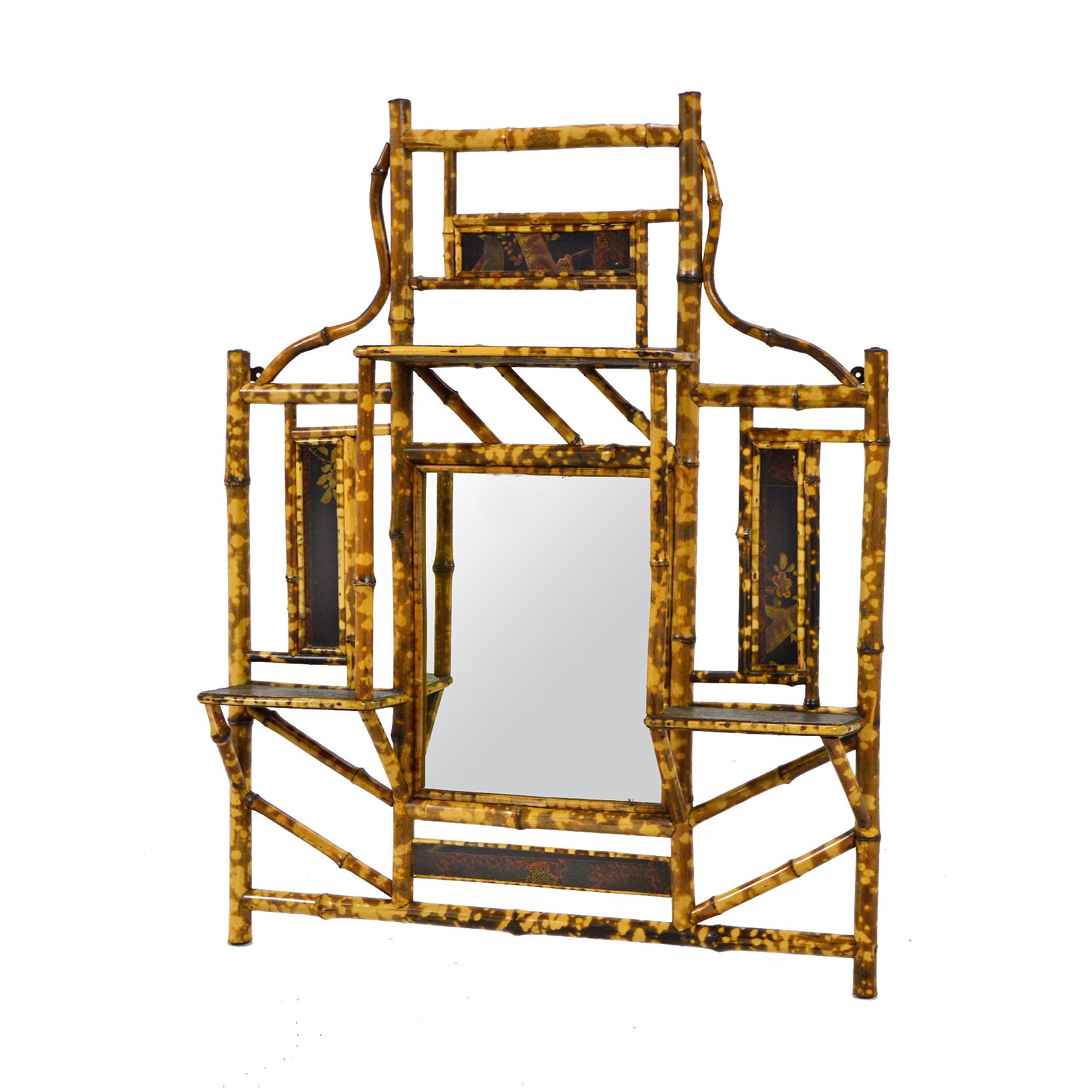 Hollywood Regency Bamboo Wall Shelf with Mirror