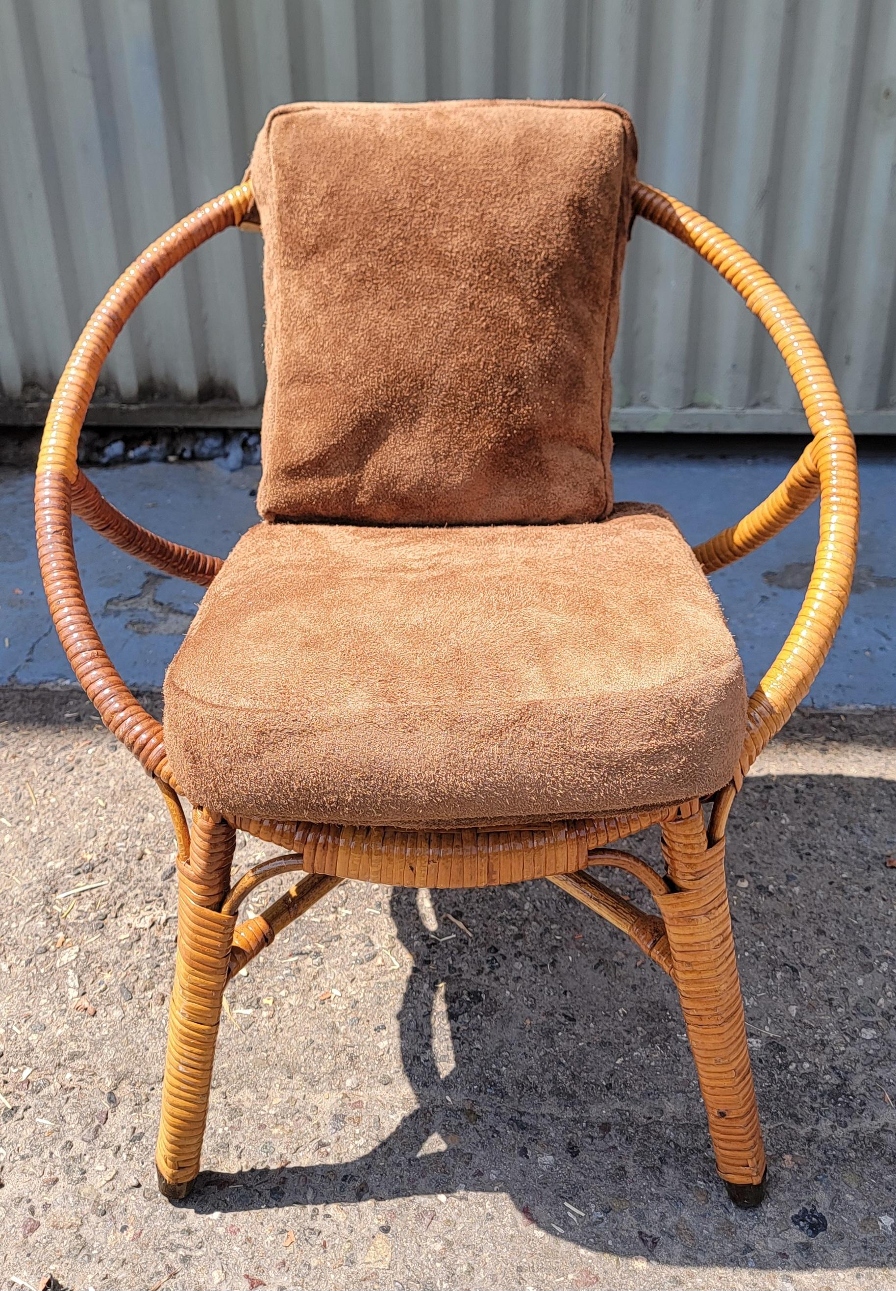 American Bamboo/ Wicker Child's Chair W/ Brown Suede Cushions For Sale