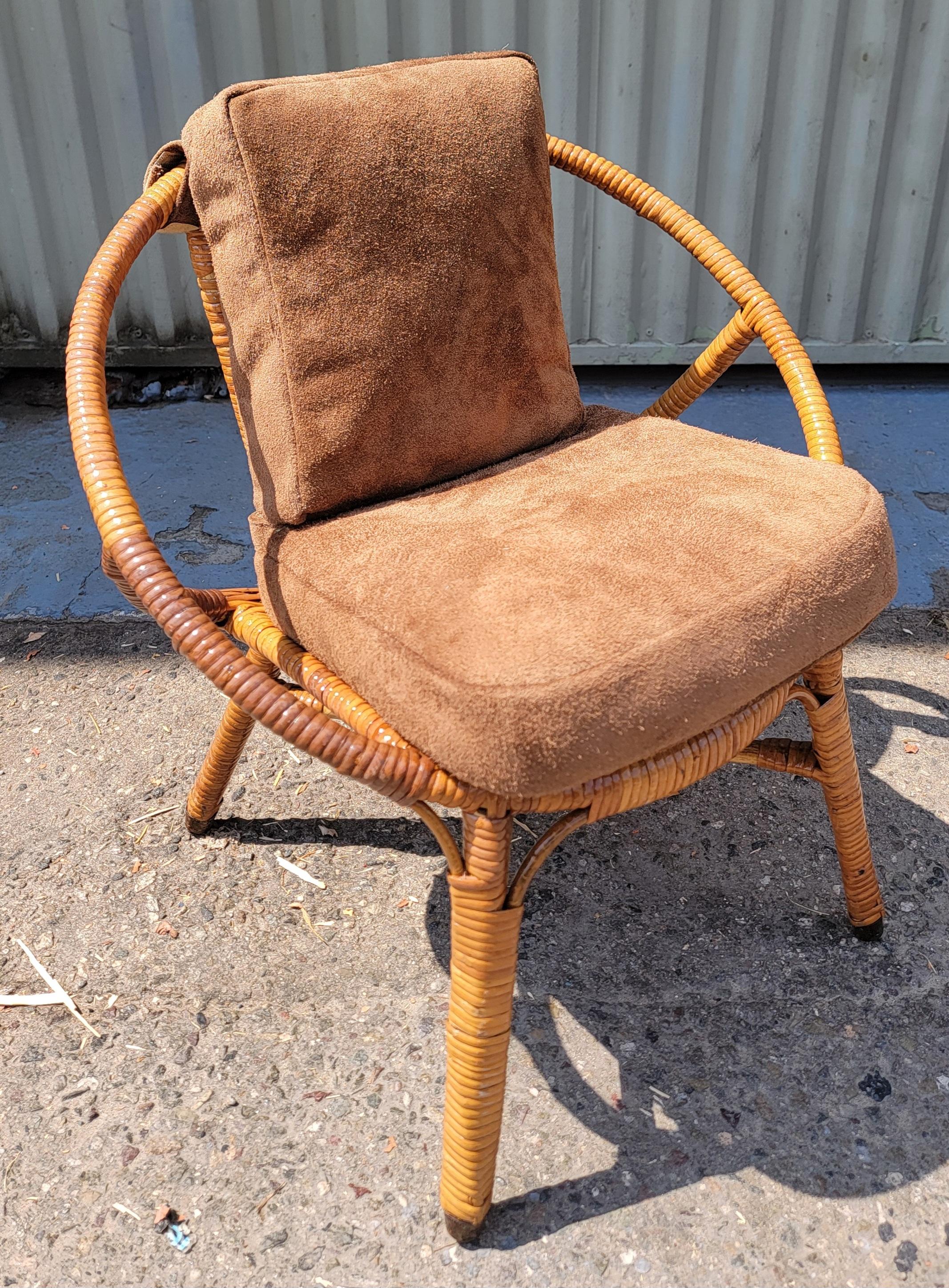 Bamboo/ Wicker Child's Chair W/ Brown Suede Cushions In Good Condition For Sale In Los Angeles, CA