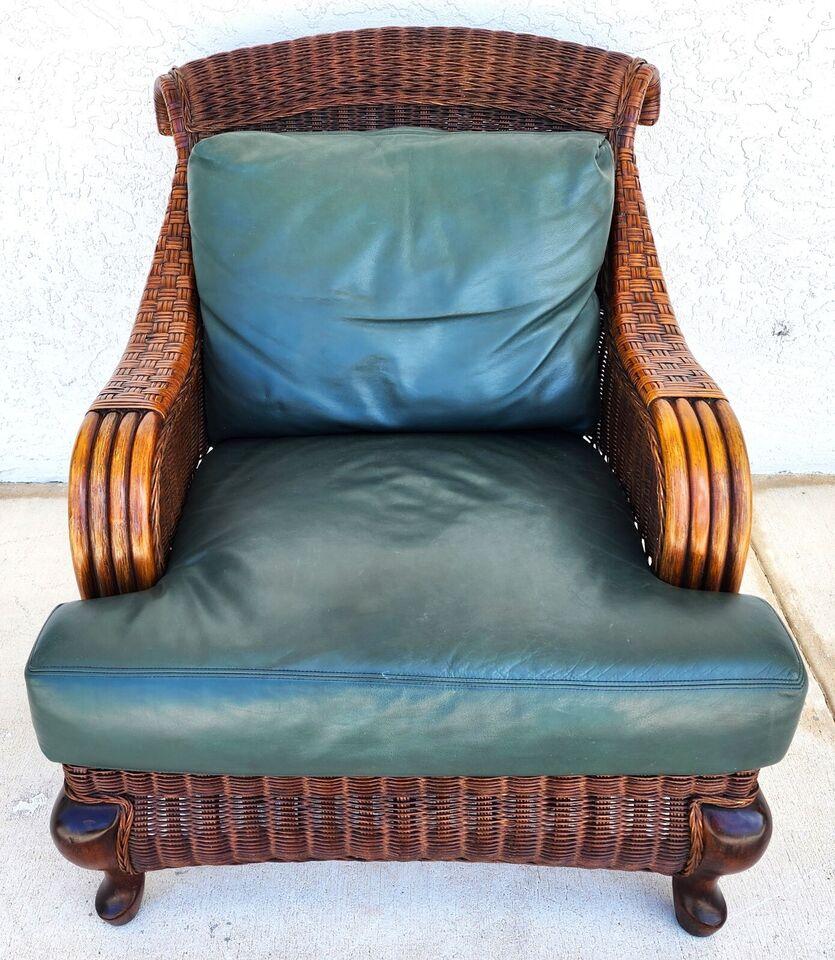 Anglo-Indian Bamboo Wicker Leather Lounge Armchair Vintage by Braxton Culler