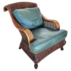 Fauteuil de salon vintage en osier de bambou et cuir de Braxton Culler