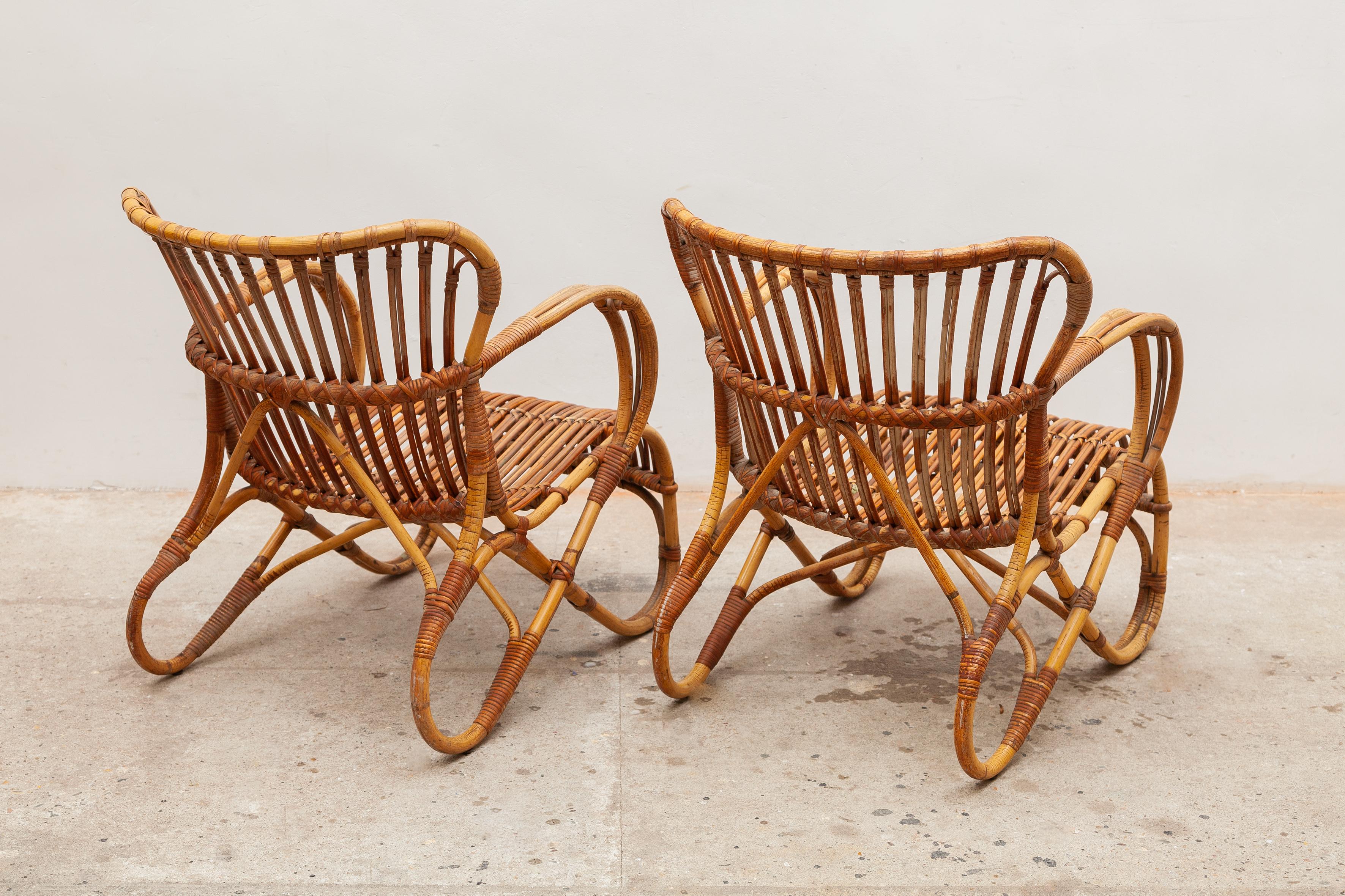 Mid-Century Modern Bamboo Wicker Lounge Chairs Designed by Dirk van Sliedrecht, 1950s