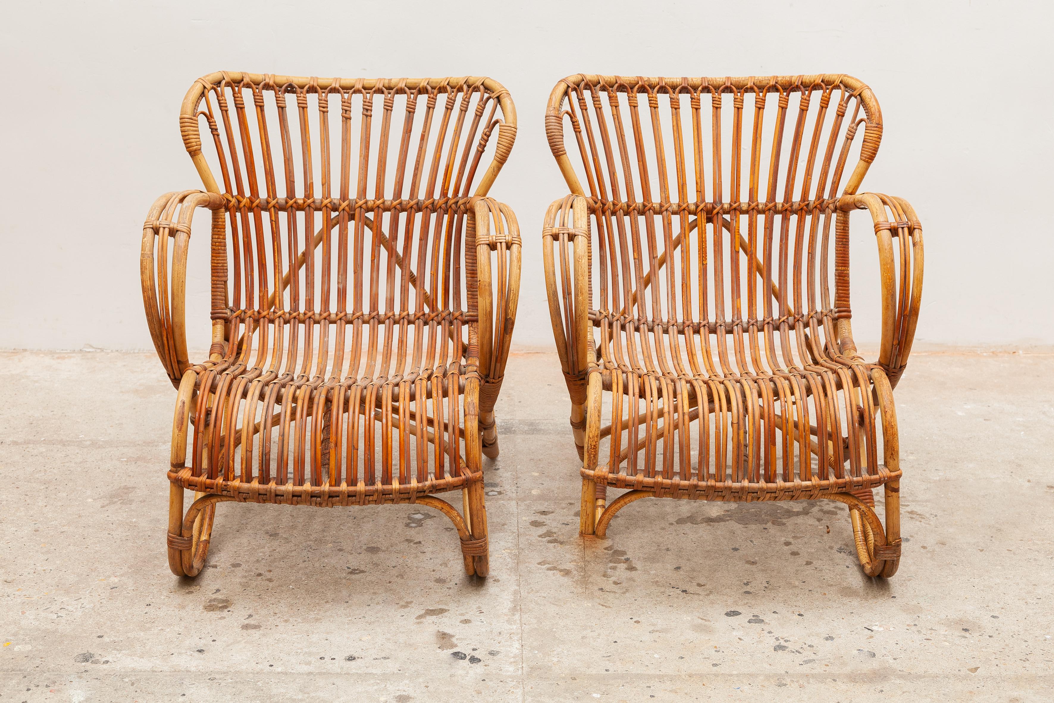 Dutch Bamboo Wicker Lounge Chairs Designed by Dirk van Sliedrecht, 1950s