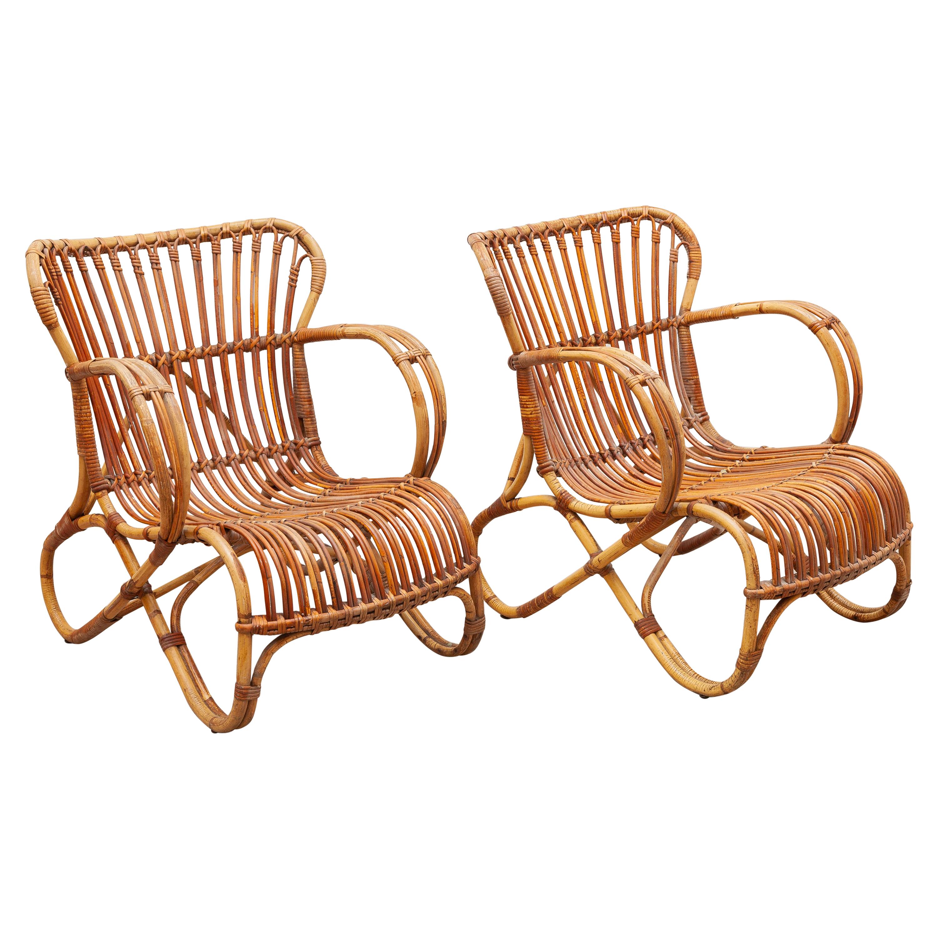 Bamboo Wicker Lounge Chairs Designed by Dirk van Sliedrecht, 1950s