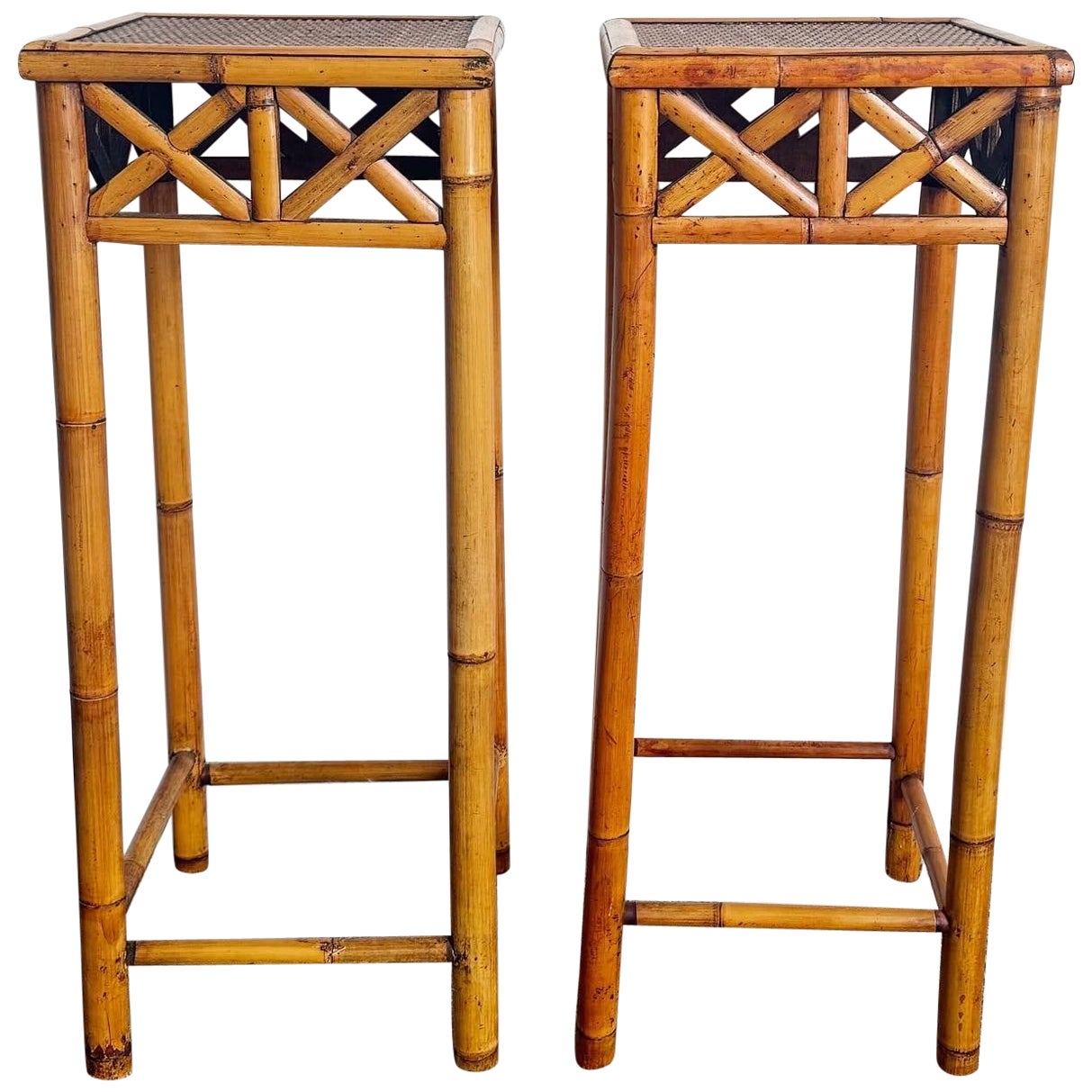 Bamboo Wicker Pedestal Side Tables - a Pair