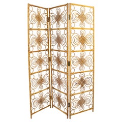 Bamboo Wicker Rattan Screen Room Divider, Three-Panel Folder, 1960s