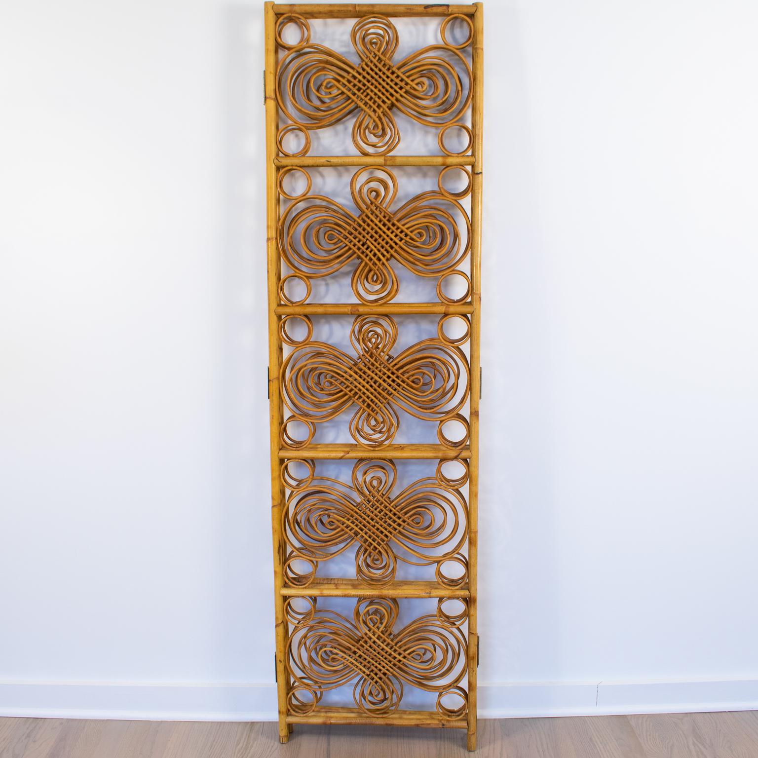 French Bamboo Wicker Rattan Screen Room Divider, Three-Panel Folder, France 1960s For Sale