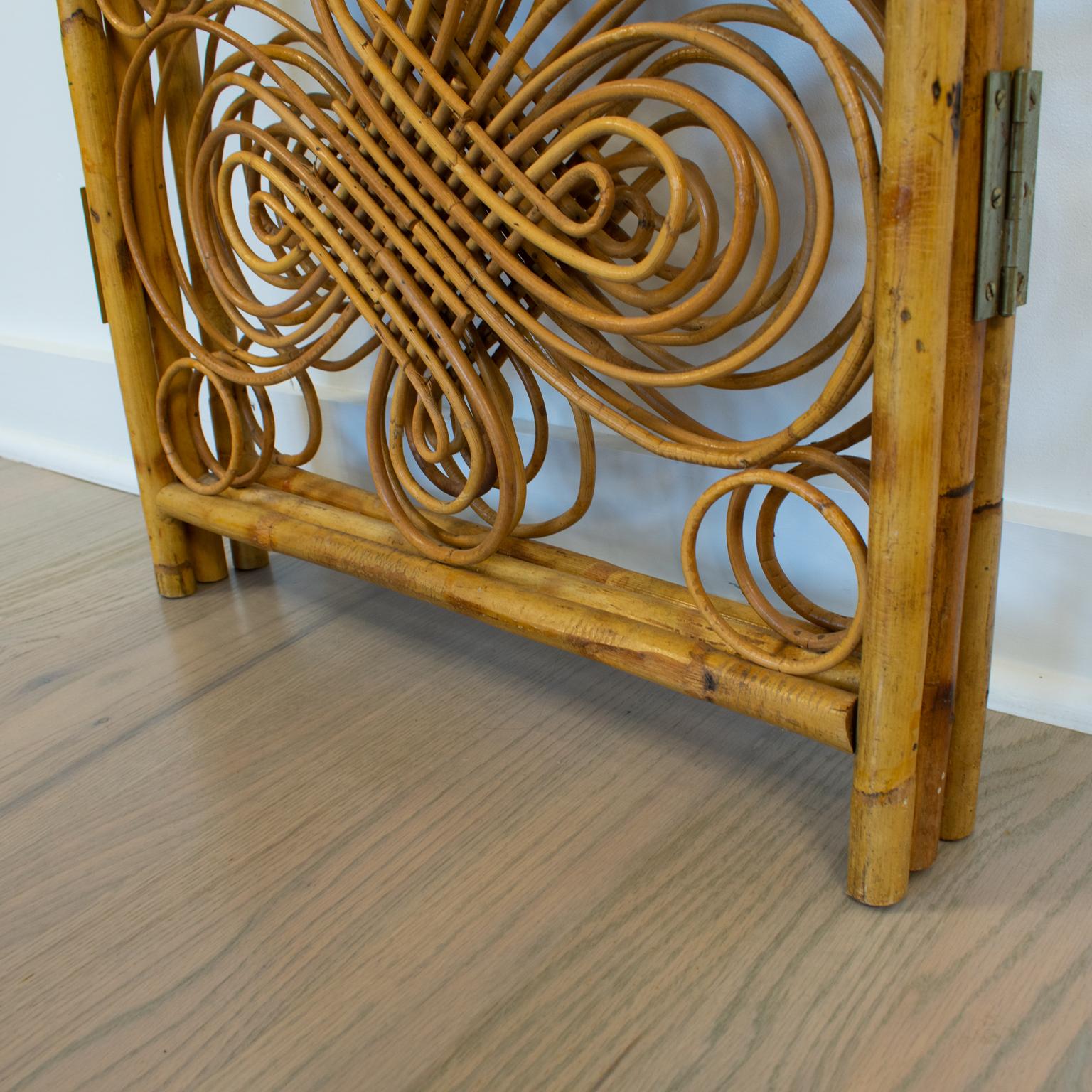 Metal Bamboo Wicker Rattan Screen Room Divider, Three-Panel Folder, France 1960s For Sale