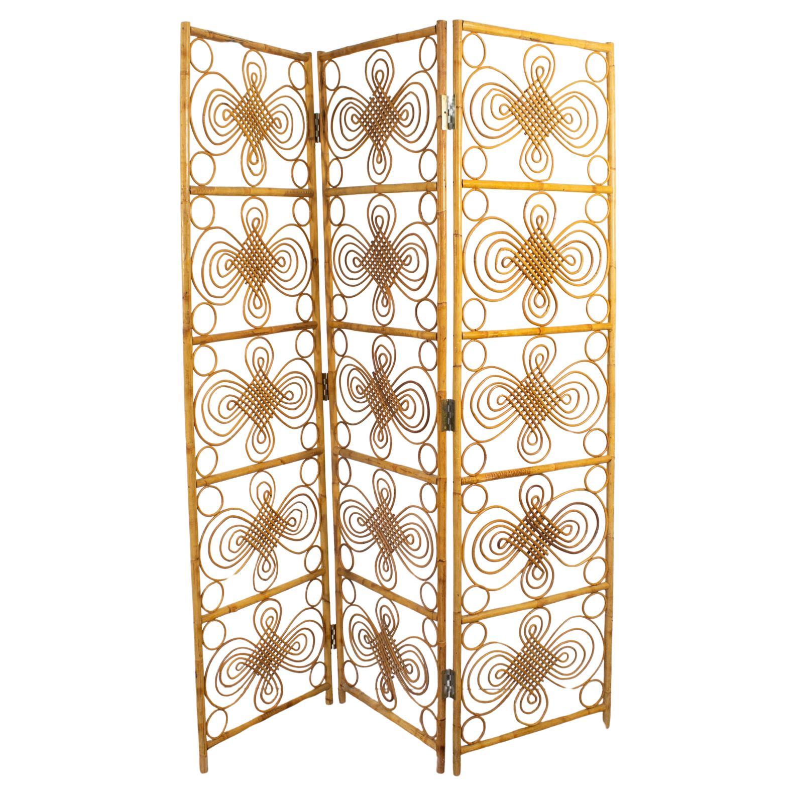 Bamboo Wicker Rattan Screen Room Divider, Three-Panel Folder, 1960s For Sale