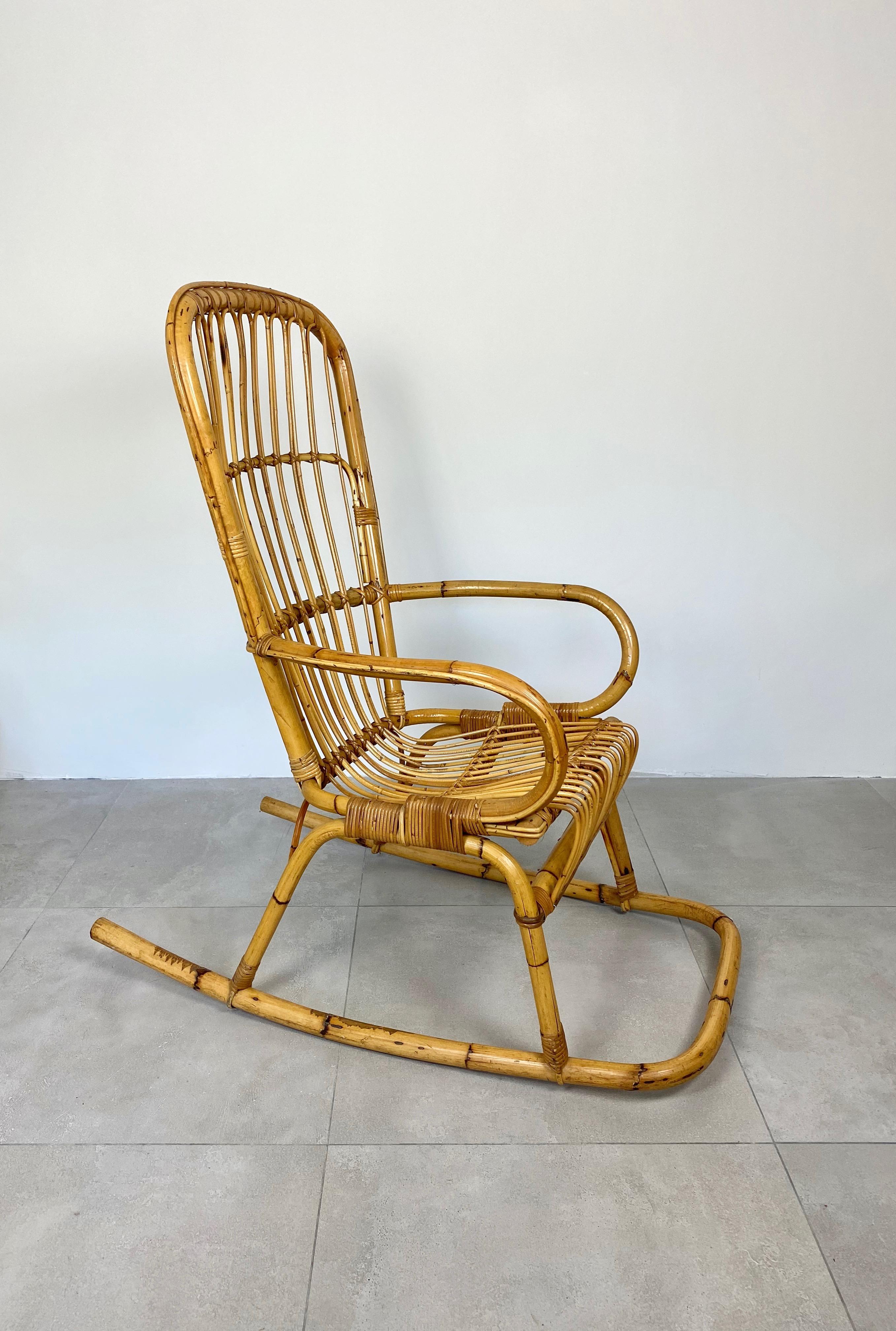 Elegant and robust Italian Mid-Century Modern bamboo rocking chair.