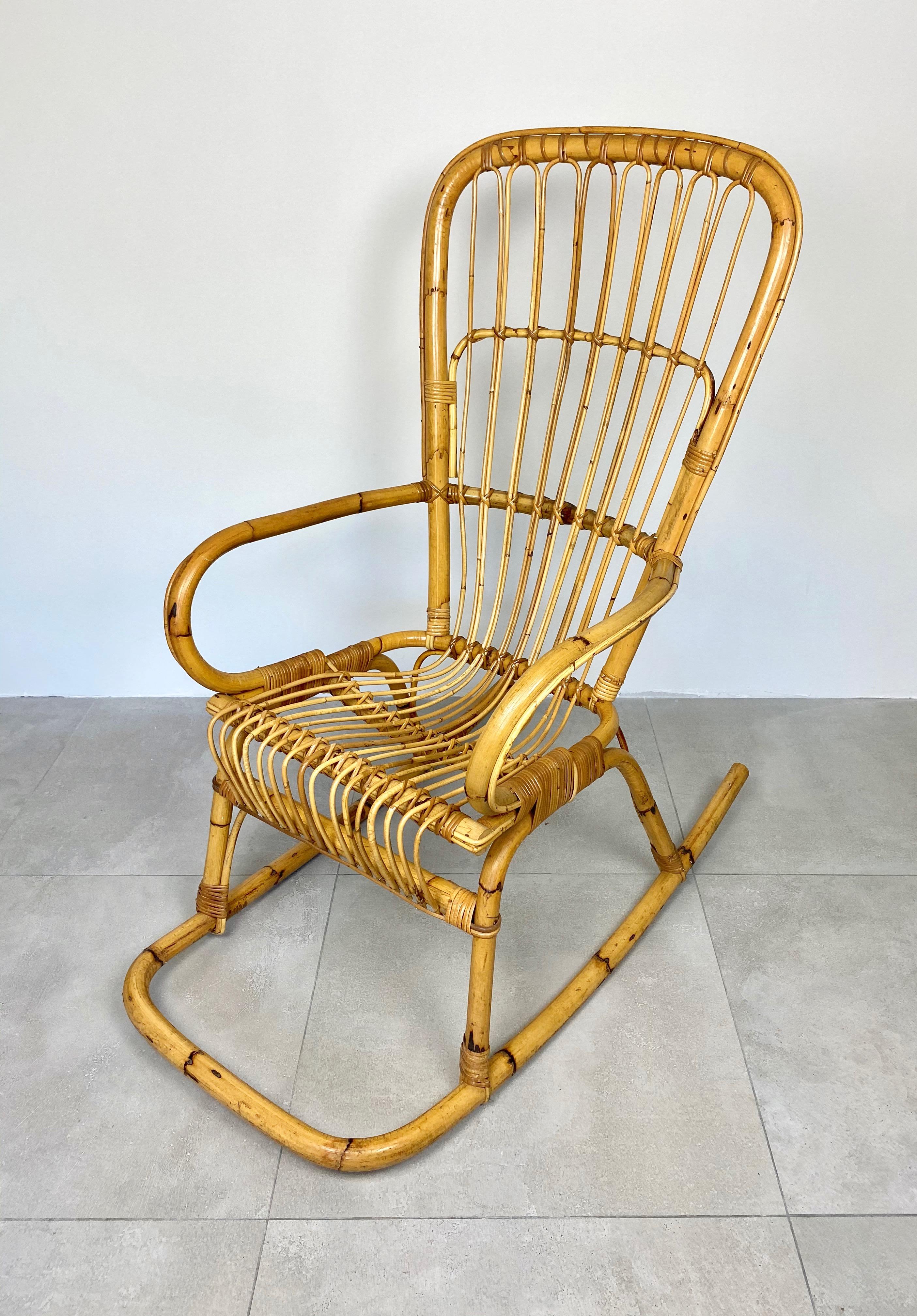 Mid-Century Modern Bamboo Wicker Rocking Chair, Italy, 1960s For Sale