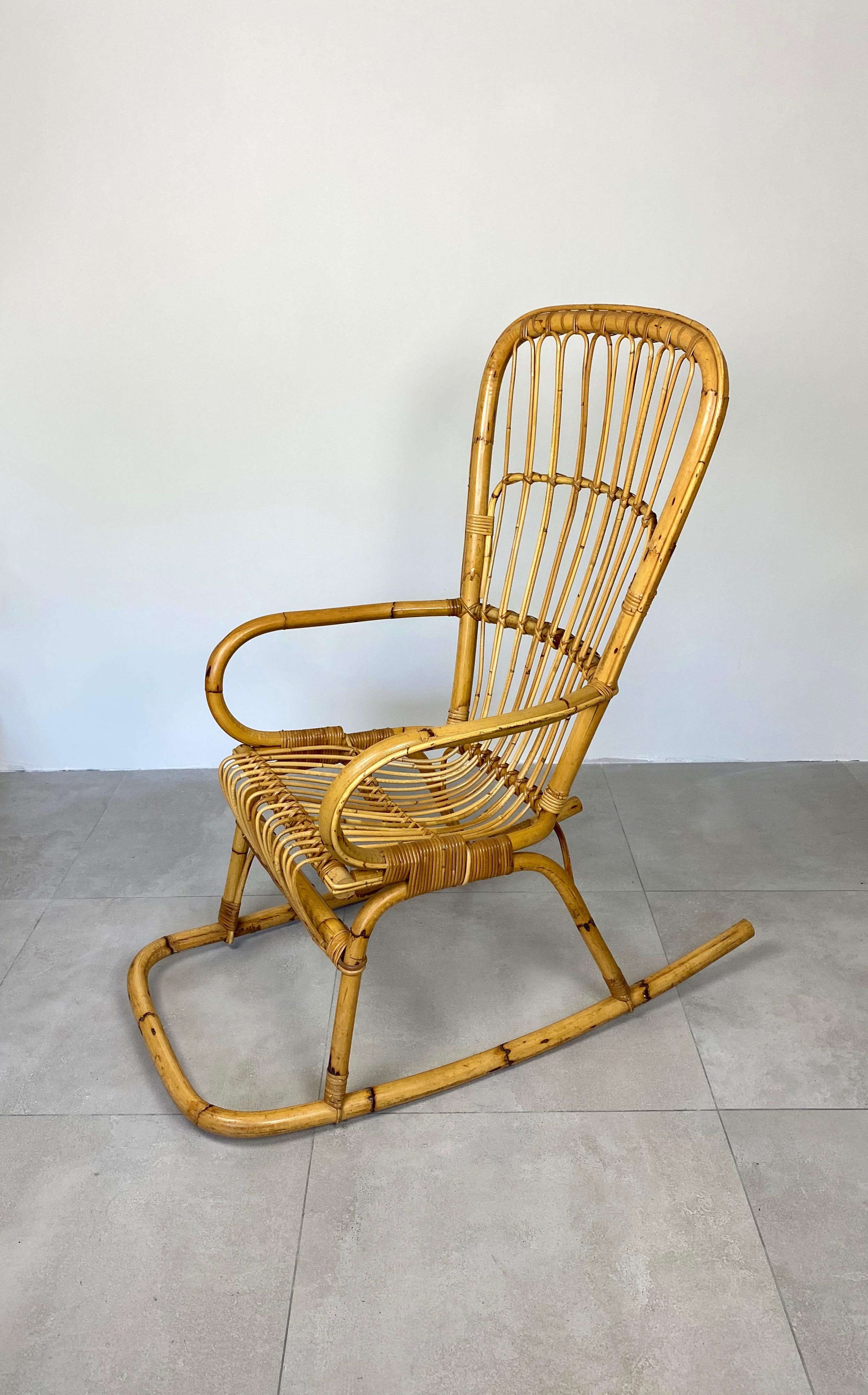Italian Bamboo Wicker Rocking Chair, Italy, 1960s For Sale