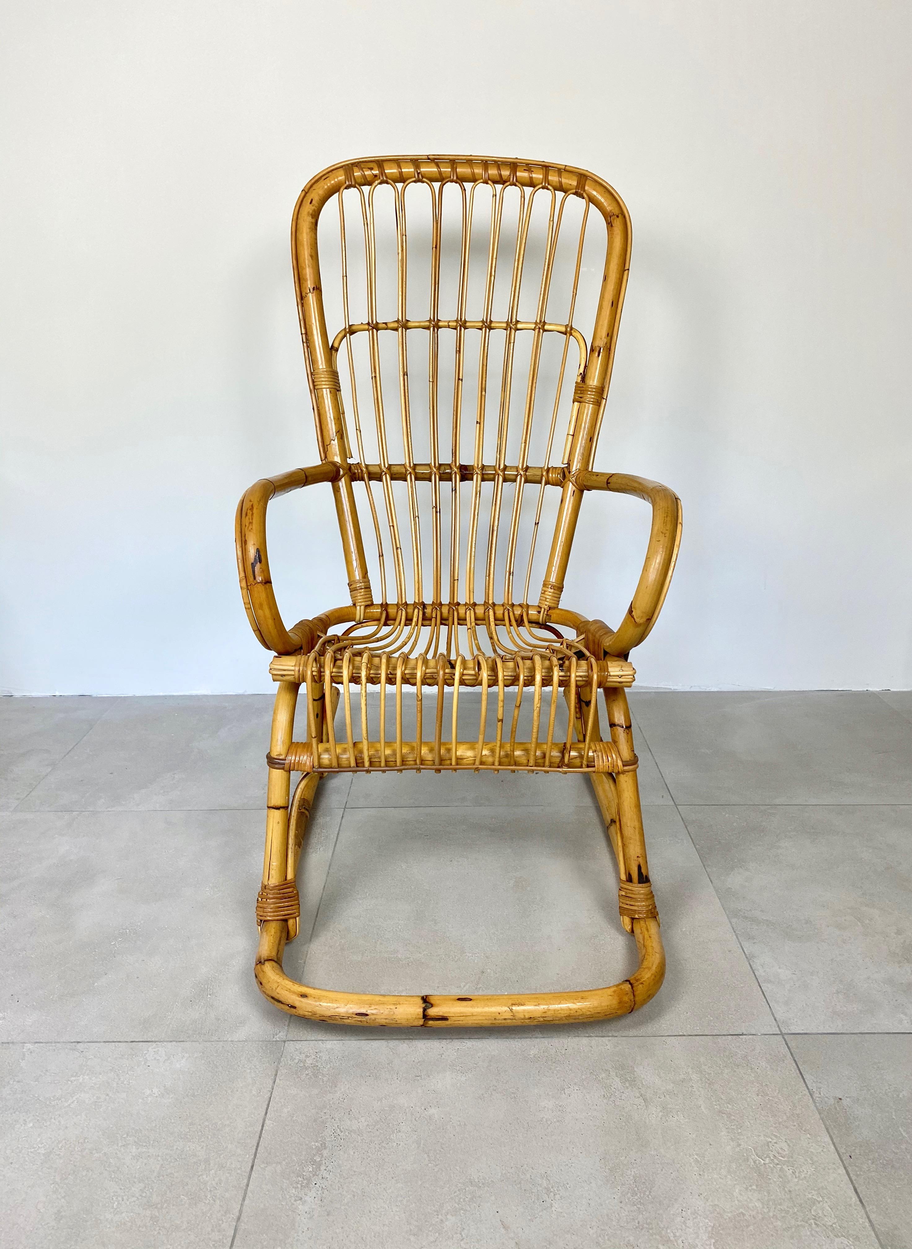 Mid-20th Century Bamboo Wicker Rocking Chair, Italy, 1960s For Sale