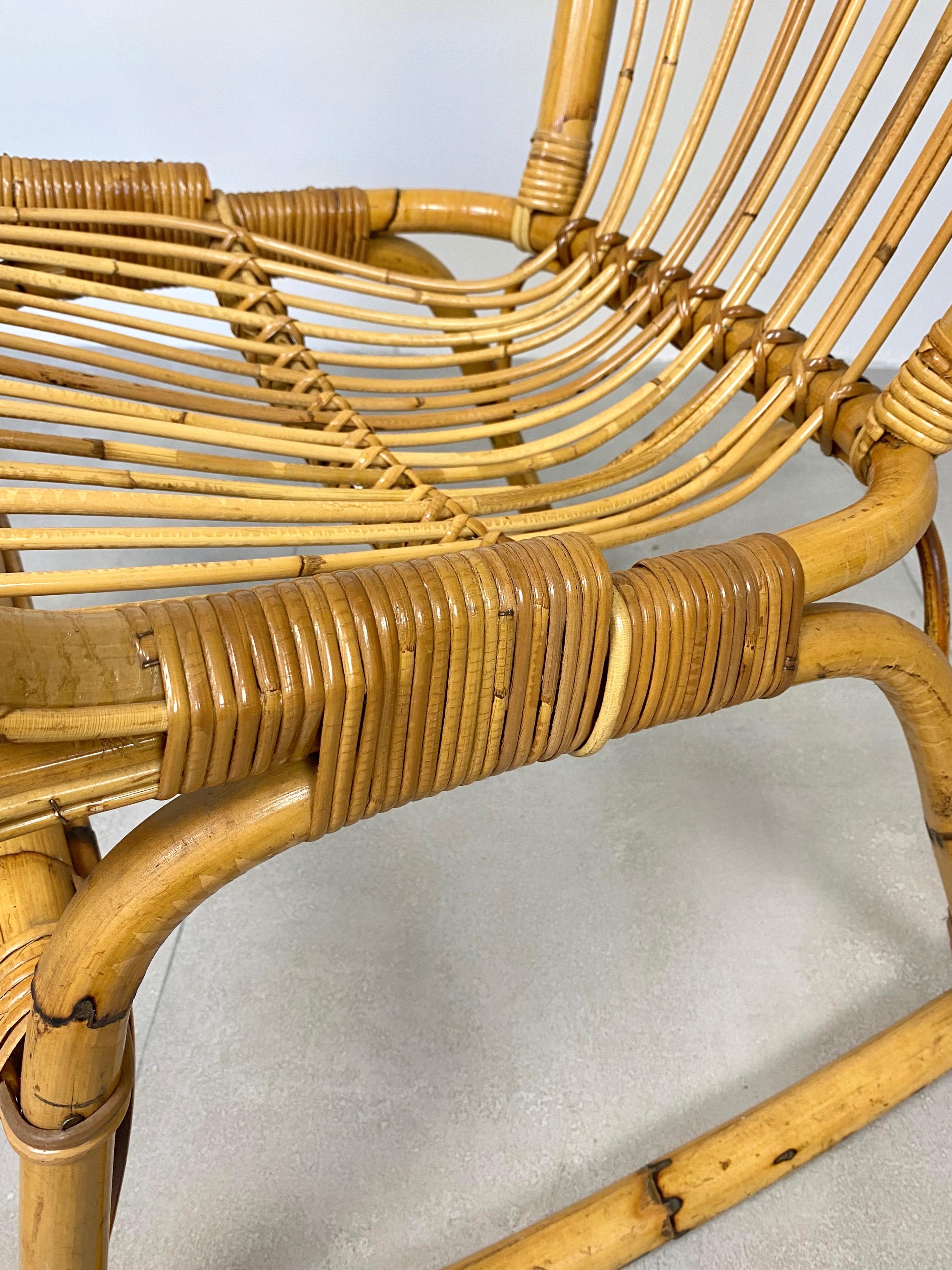 Bamboo Wicker Rocking Chair, Italy, 1960s For Sale 1
