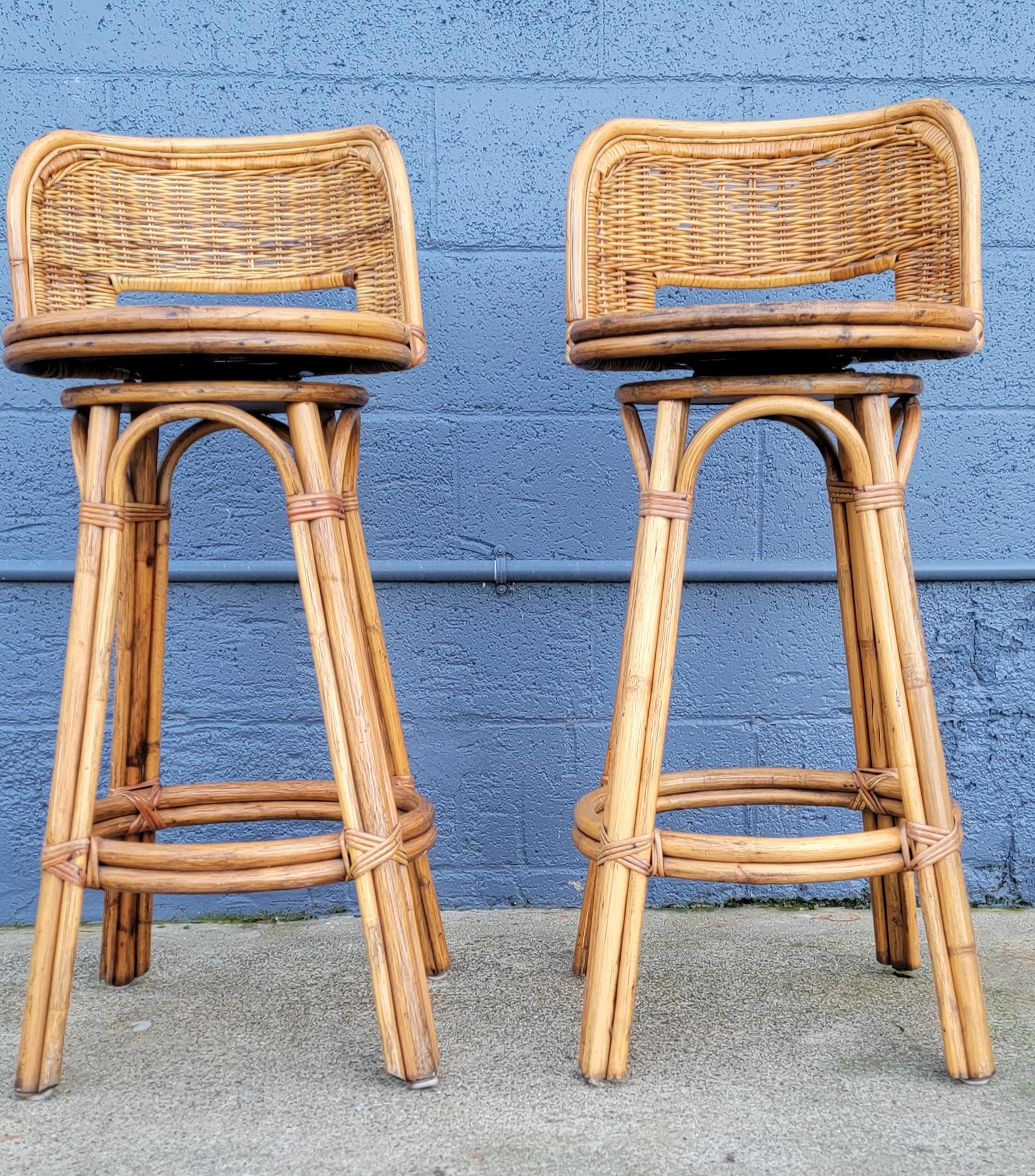 Bamboo & Wicker Swivel Bar Stools In Good Condition In Fulton, CA