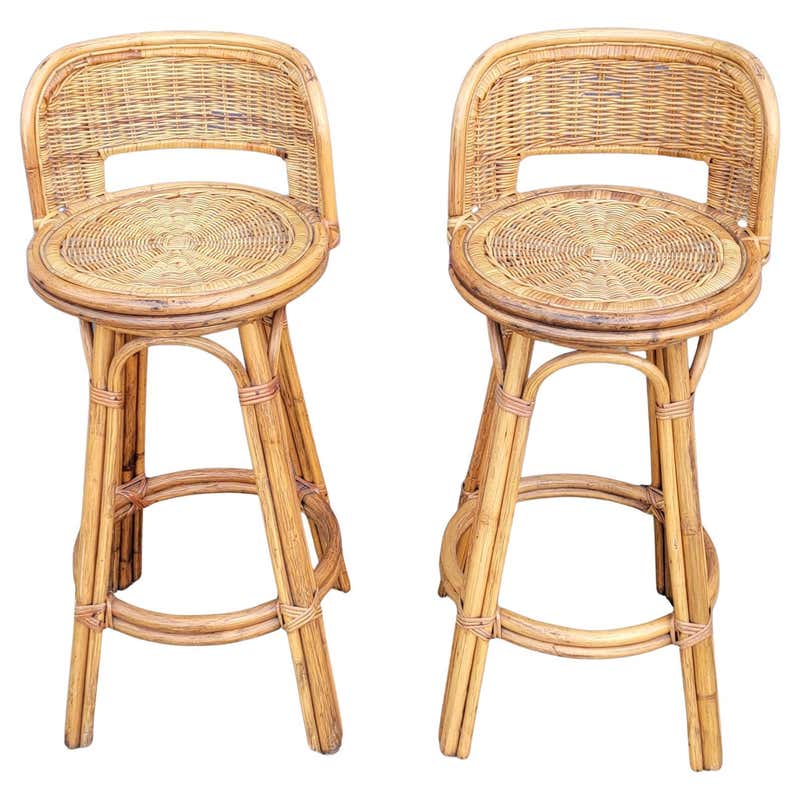 Boho Chic Bamboo Rattan Swivel Bar Stools For Sale at 1stDibs | boho ...