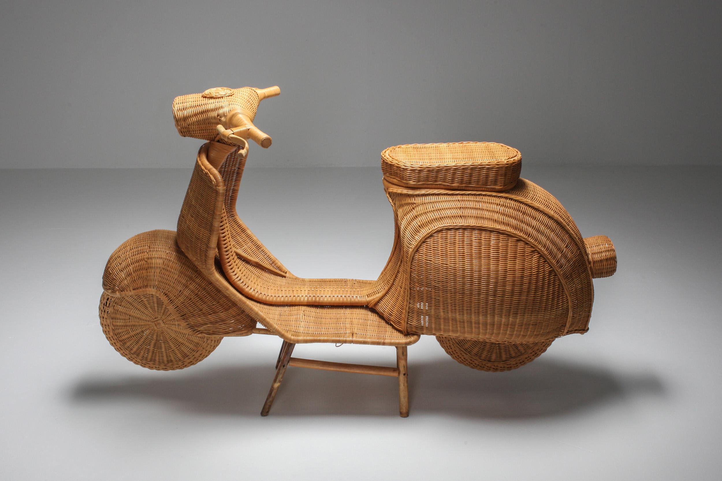 Life size sculpture in wicker and bamboo, Italy, 1970s

The iconic Vespa scooter as a wicker sculpture.
How much fun is that!
Probably made on demand by a great company like Vivai del Sud.
 