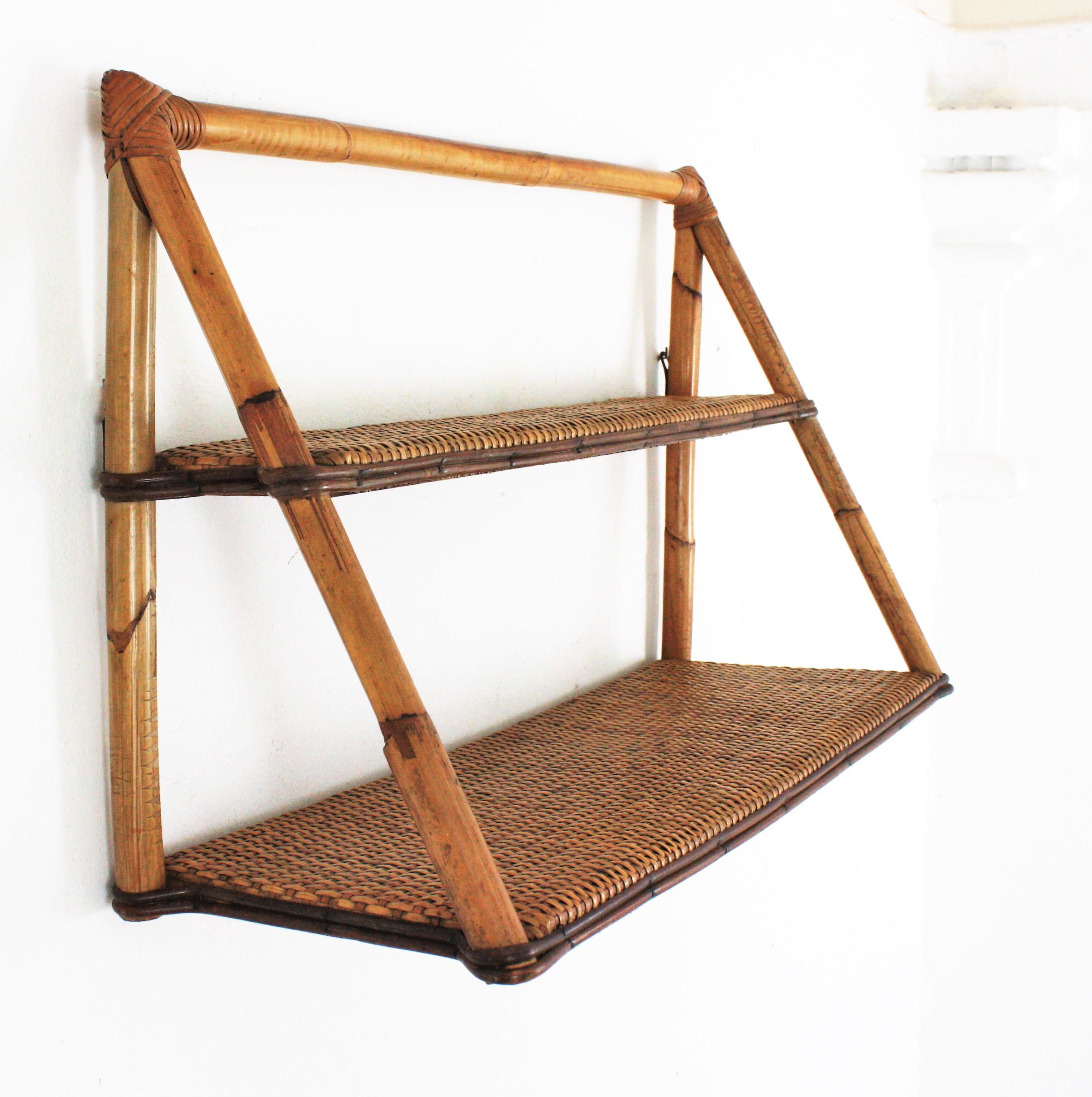 Hand-Crafted Bamboo Wicker Weave Wall Shelf, 1950s