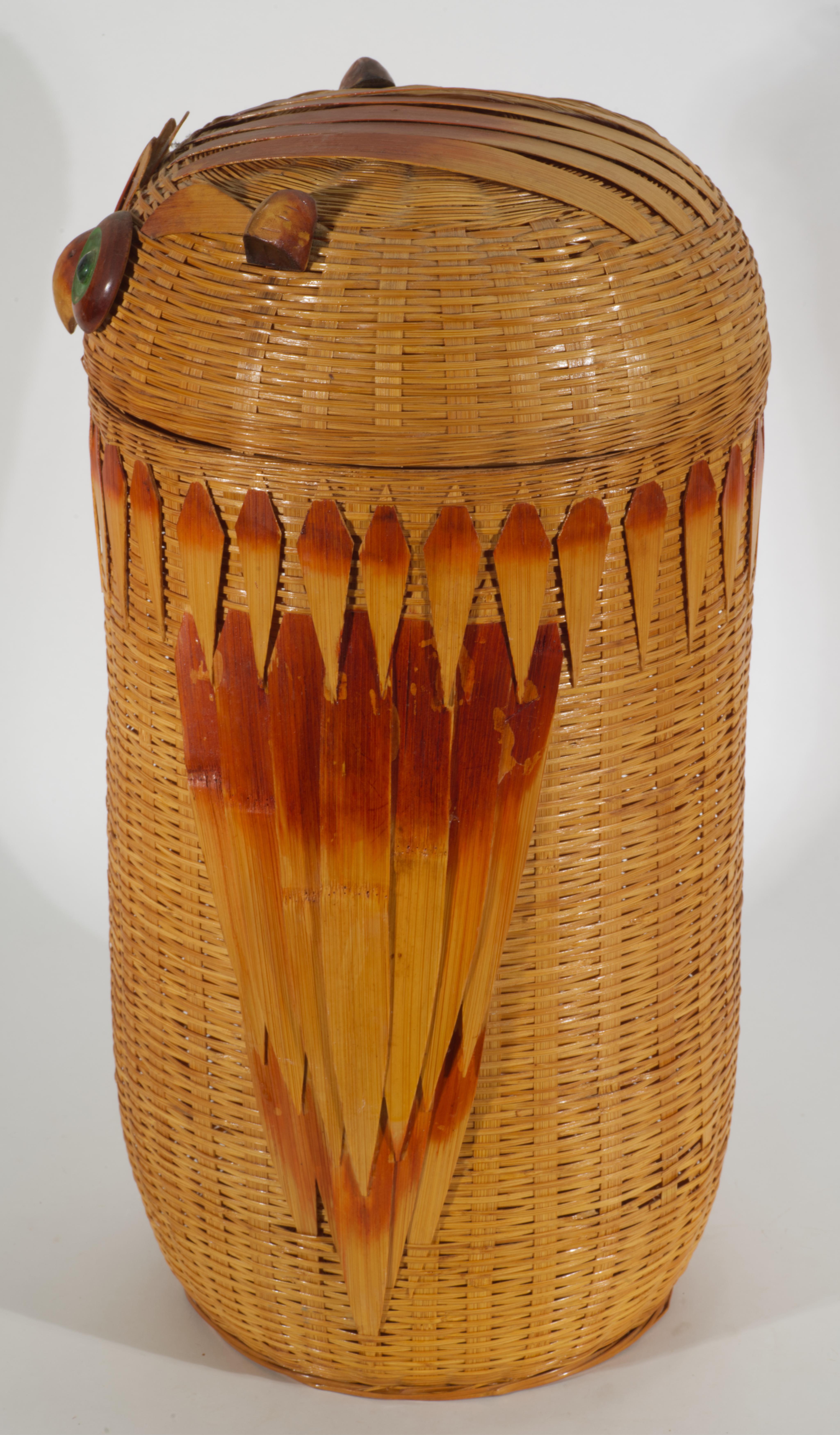 Chinoiserie Bamboo Wicker & Wood Large Storage Basket with Owl Lid For Sale