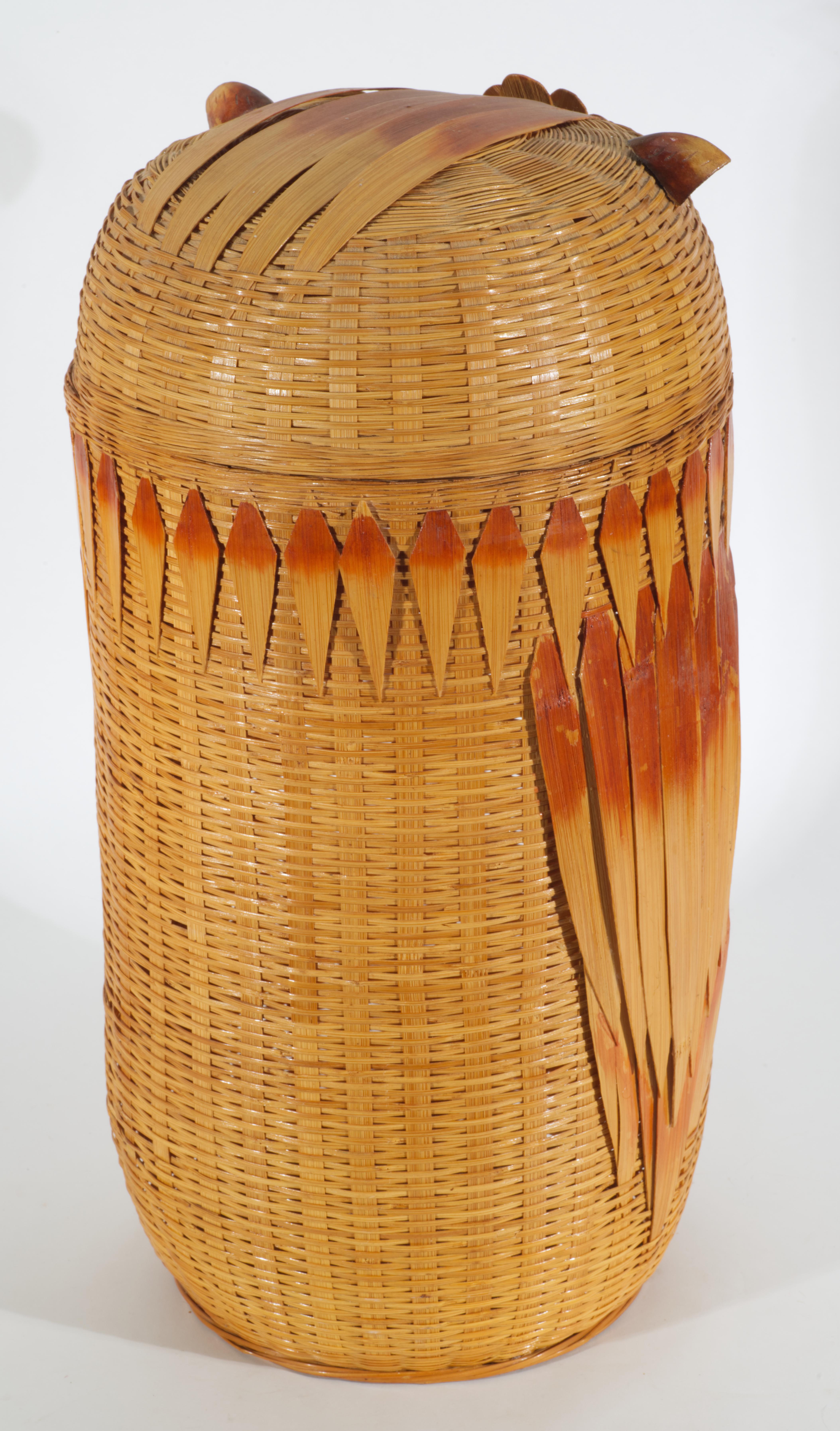 Asian Bamboo Wicker & Wood Large Storage Basket with Owl Lid For Sale