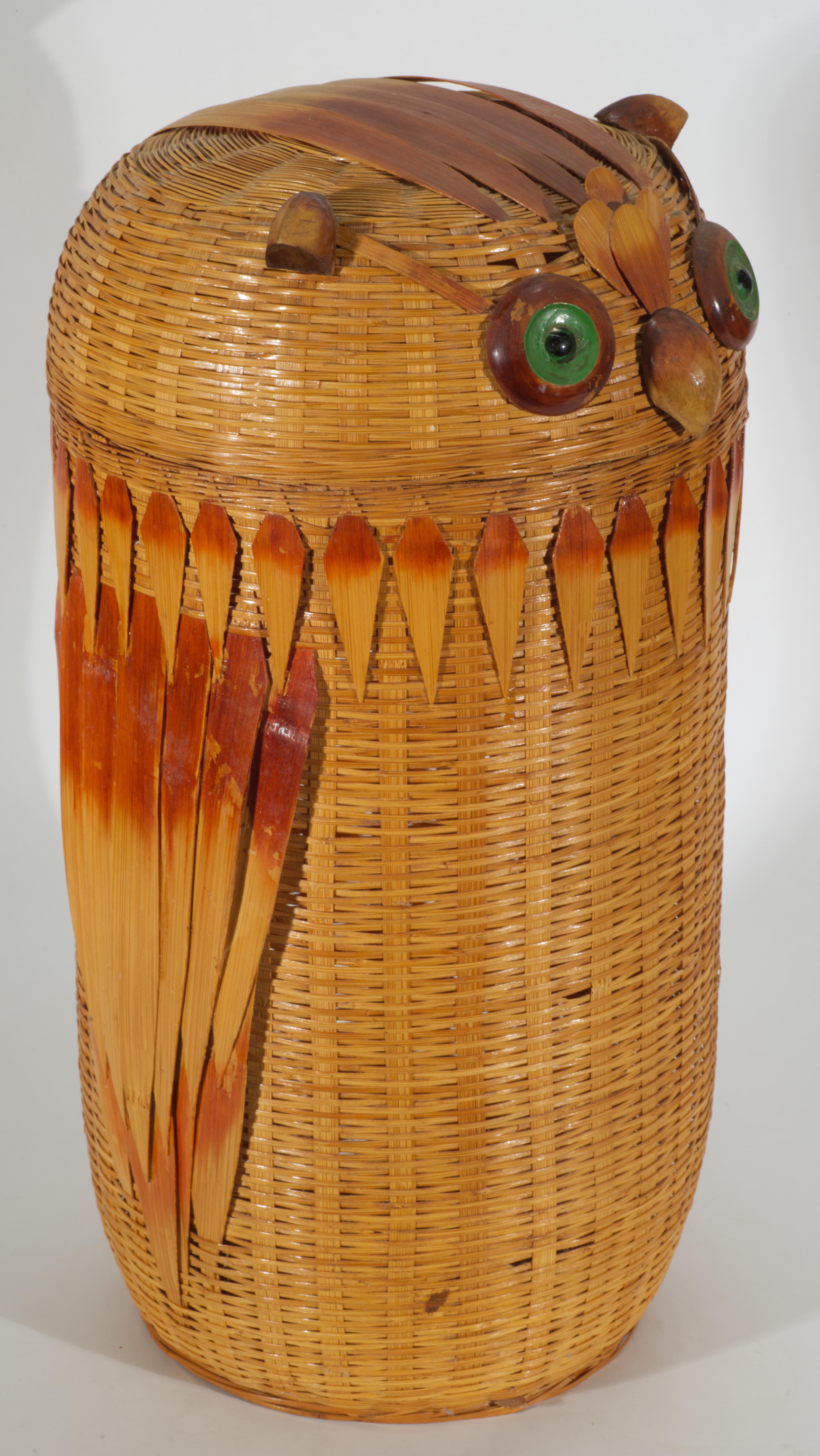 Hand-Crafted Bamboo Wicker & Wood Large Storage Basket with Owl Lid For Sale