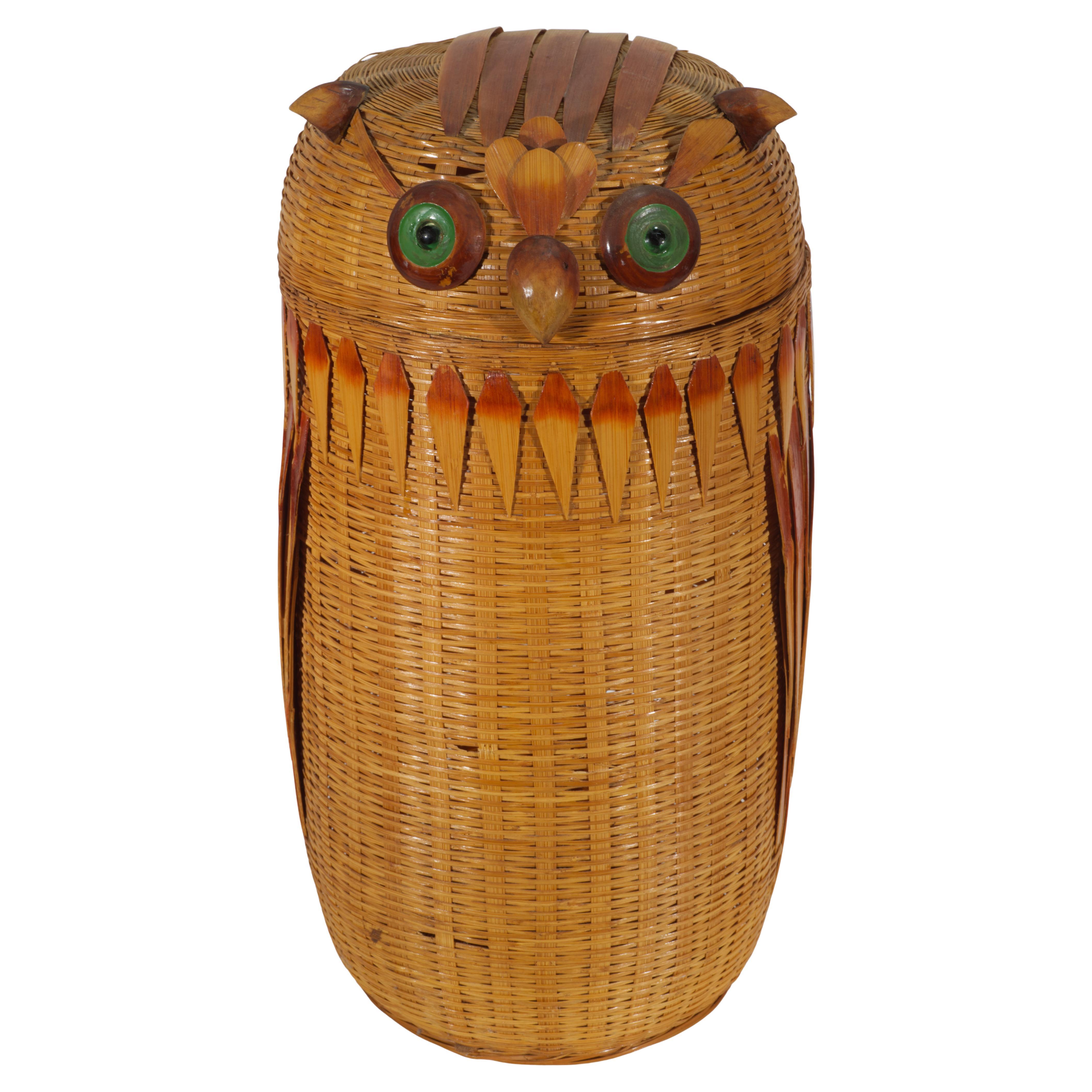Grand panier de rangement en bambou, osier et Wood avec couvercle en forme de hibou