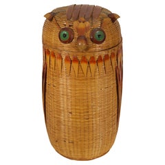 Grand panier de rangement en bambou, osier et Wood avec couvercle en forme de hibou