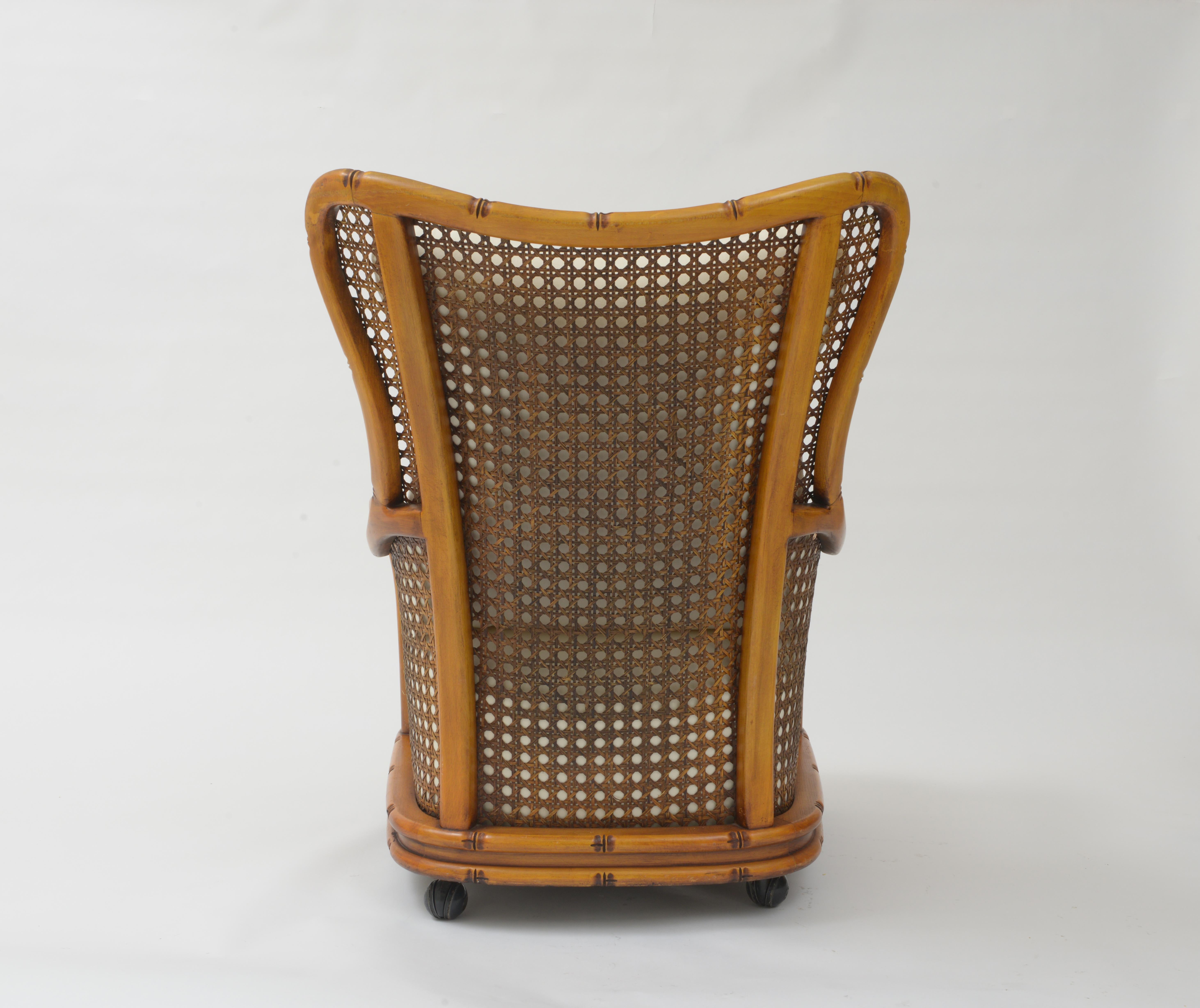 Bamboo Wicker Woven Rattan Pair of Wood Chairs White Cushion, France, 1970's 4