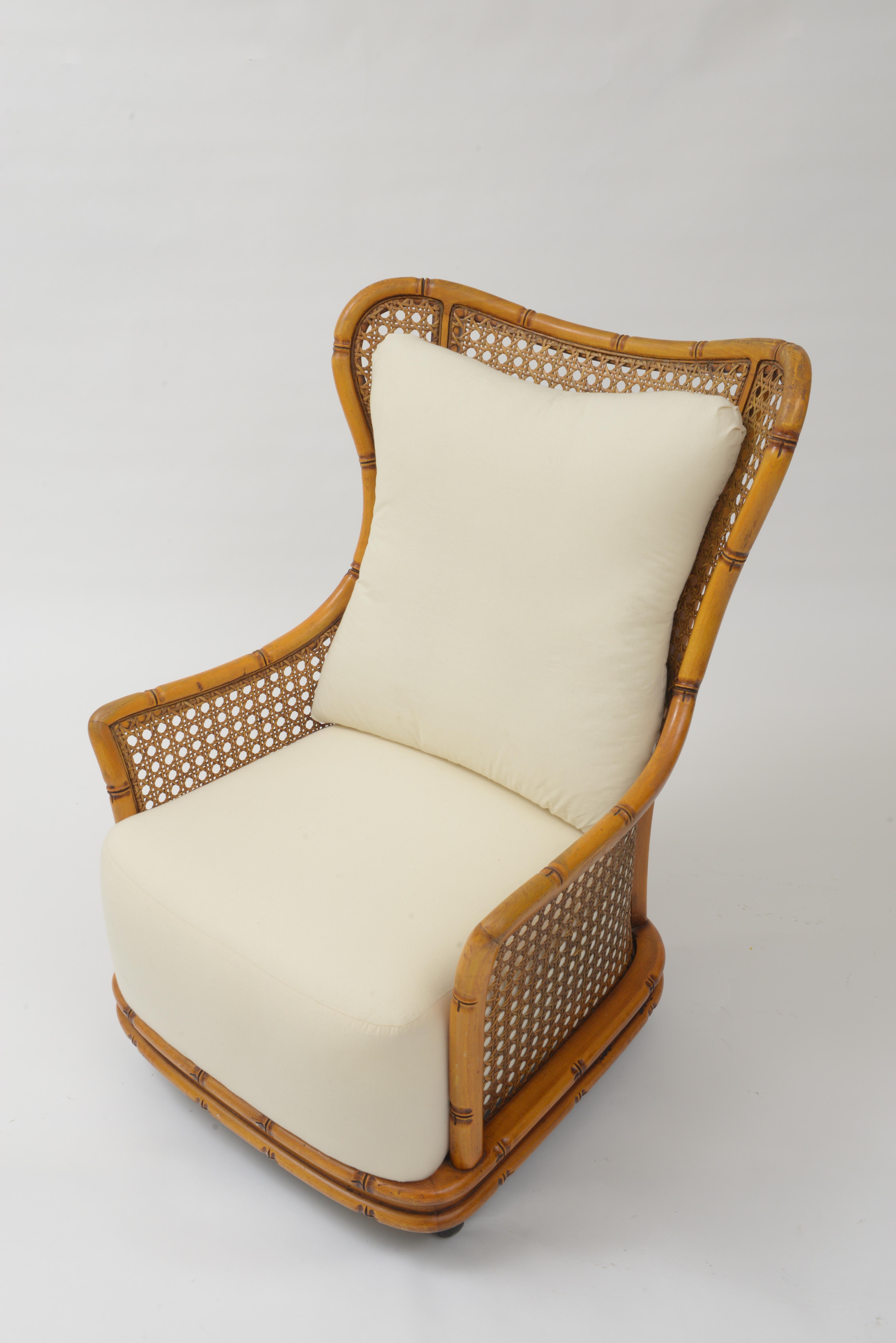 Mid-Century Modern Bamboo Wicker Woven Rattan Pair of Wood Chairs White Cushion, France, 1970's
