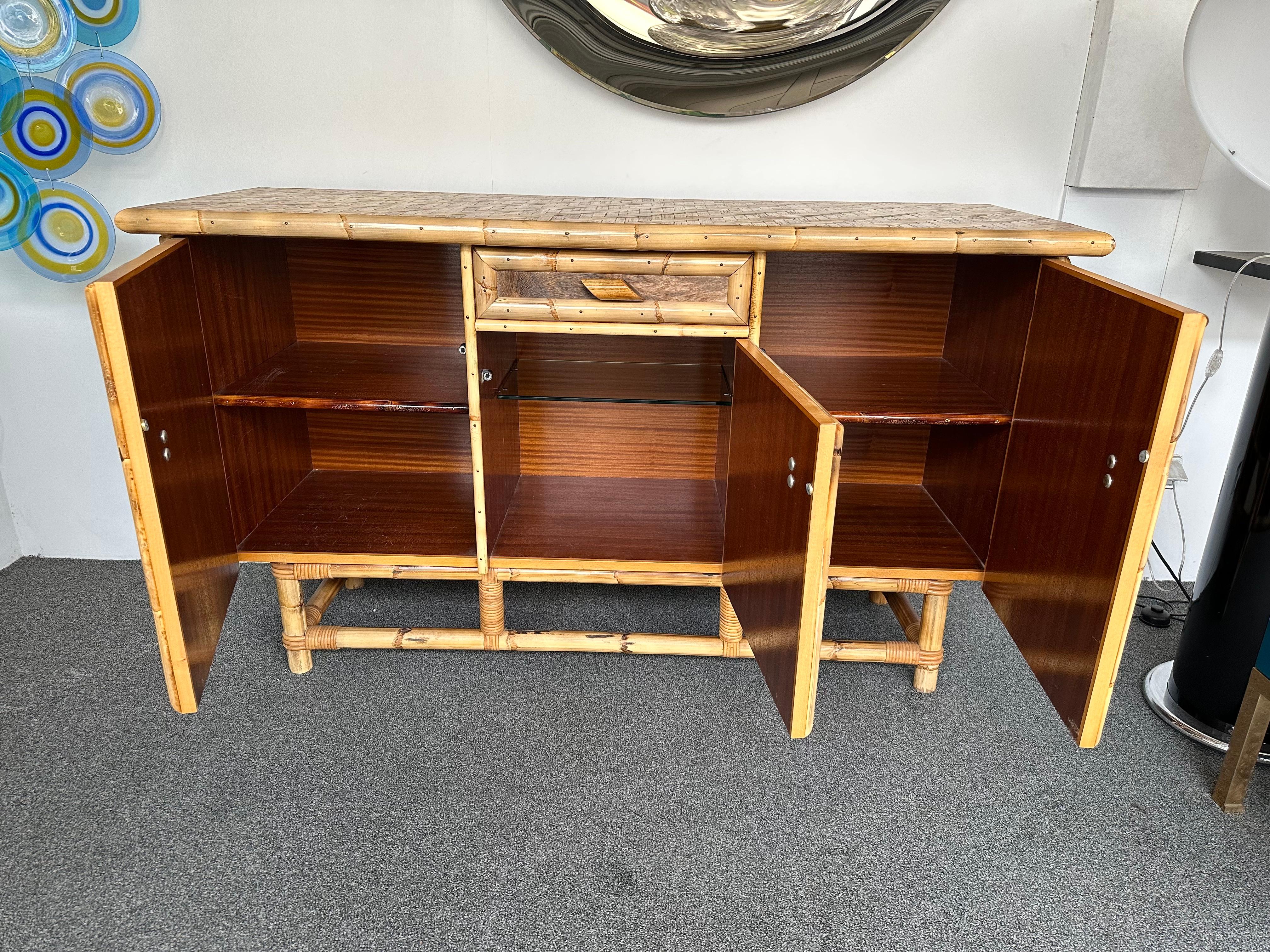 Bamboo Wood and Cow Leather Buffet Dry Bar. Italy, 1970s For Sale 2