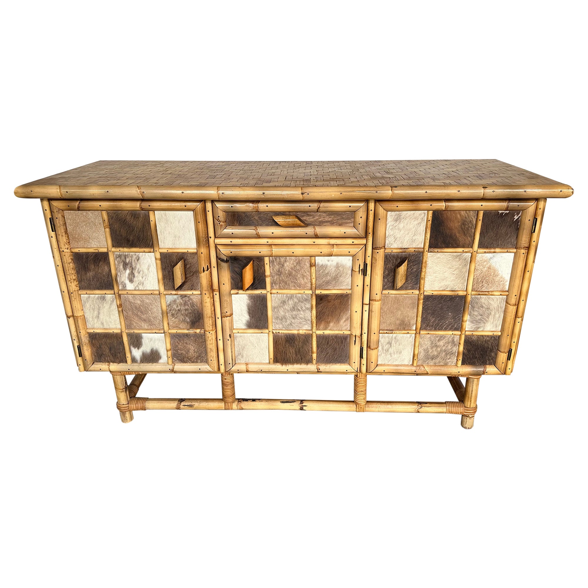 Bamboo Wood and Cow Leather Buffet Dry Bar. Italy, 1970s