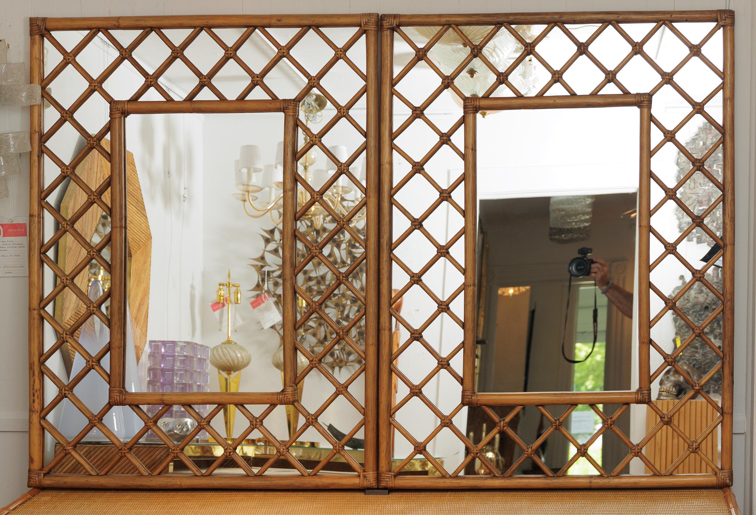 Mid-Century Modern Bamboo Woven Lattice Mirror For Sale