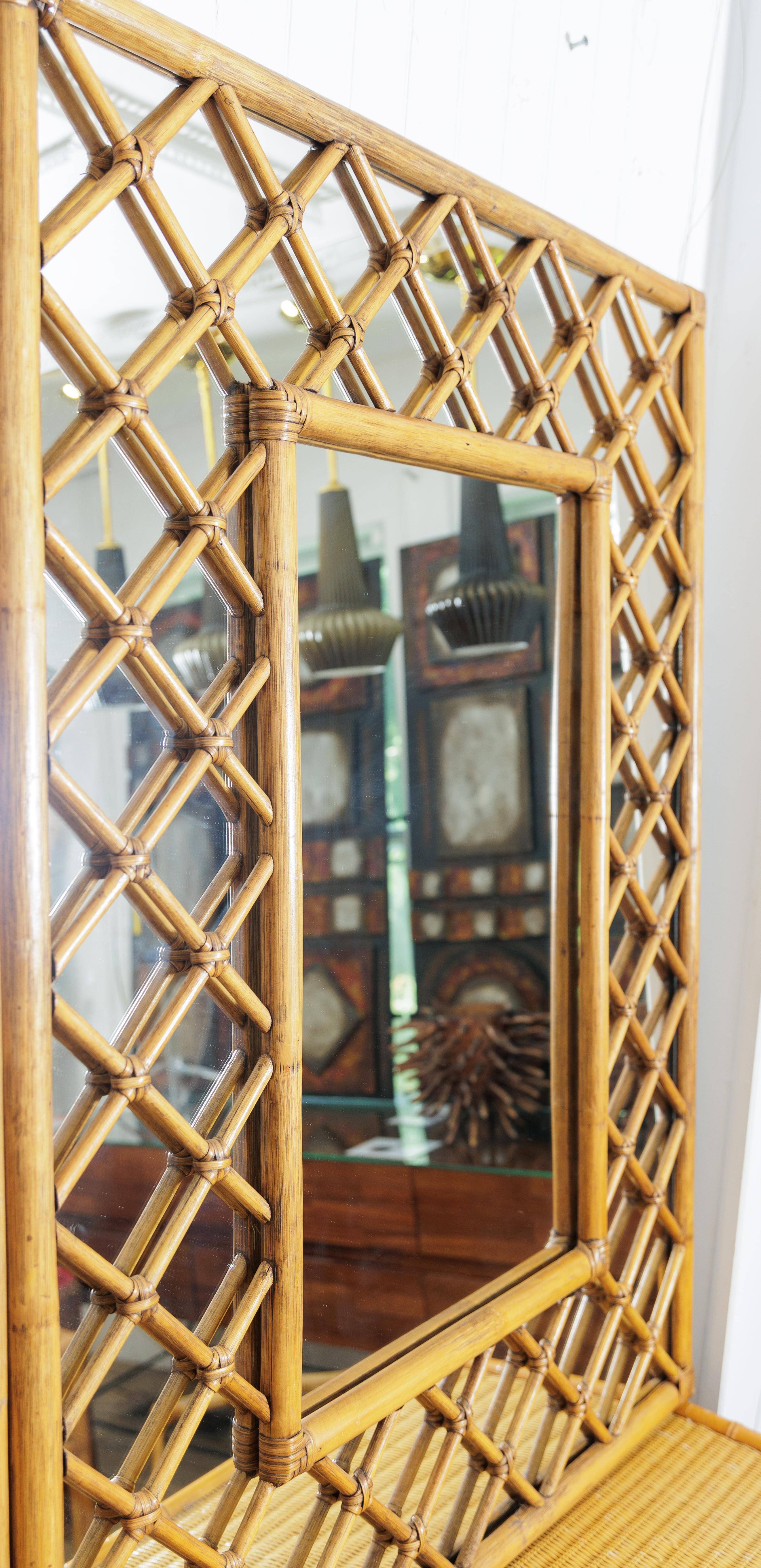 American Bamboo Woven Lattice Mirror For Sale