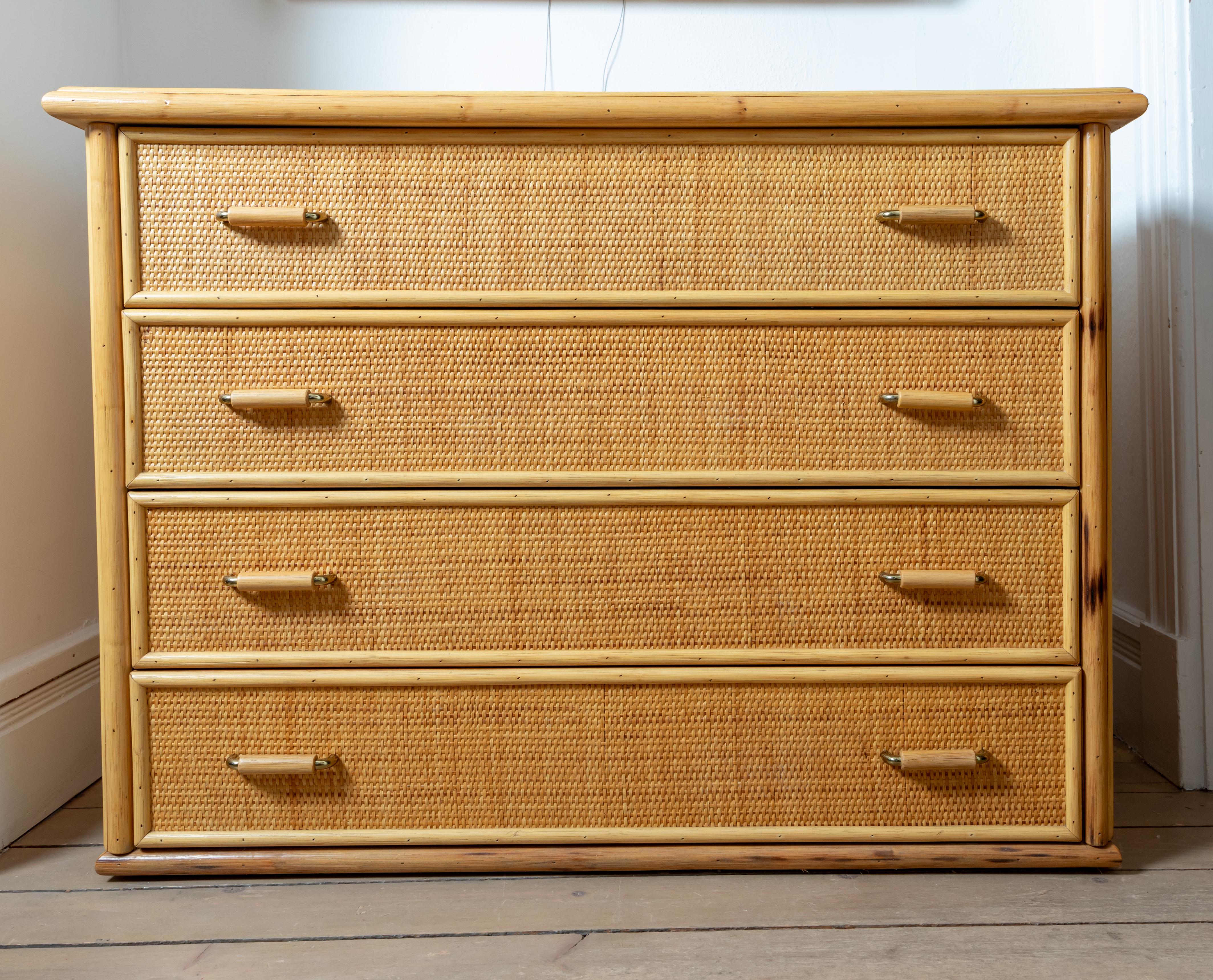 Bamboo woven wicker four-drawer chest with bamboo and brass handles.